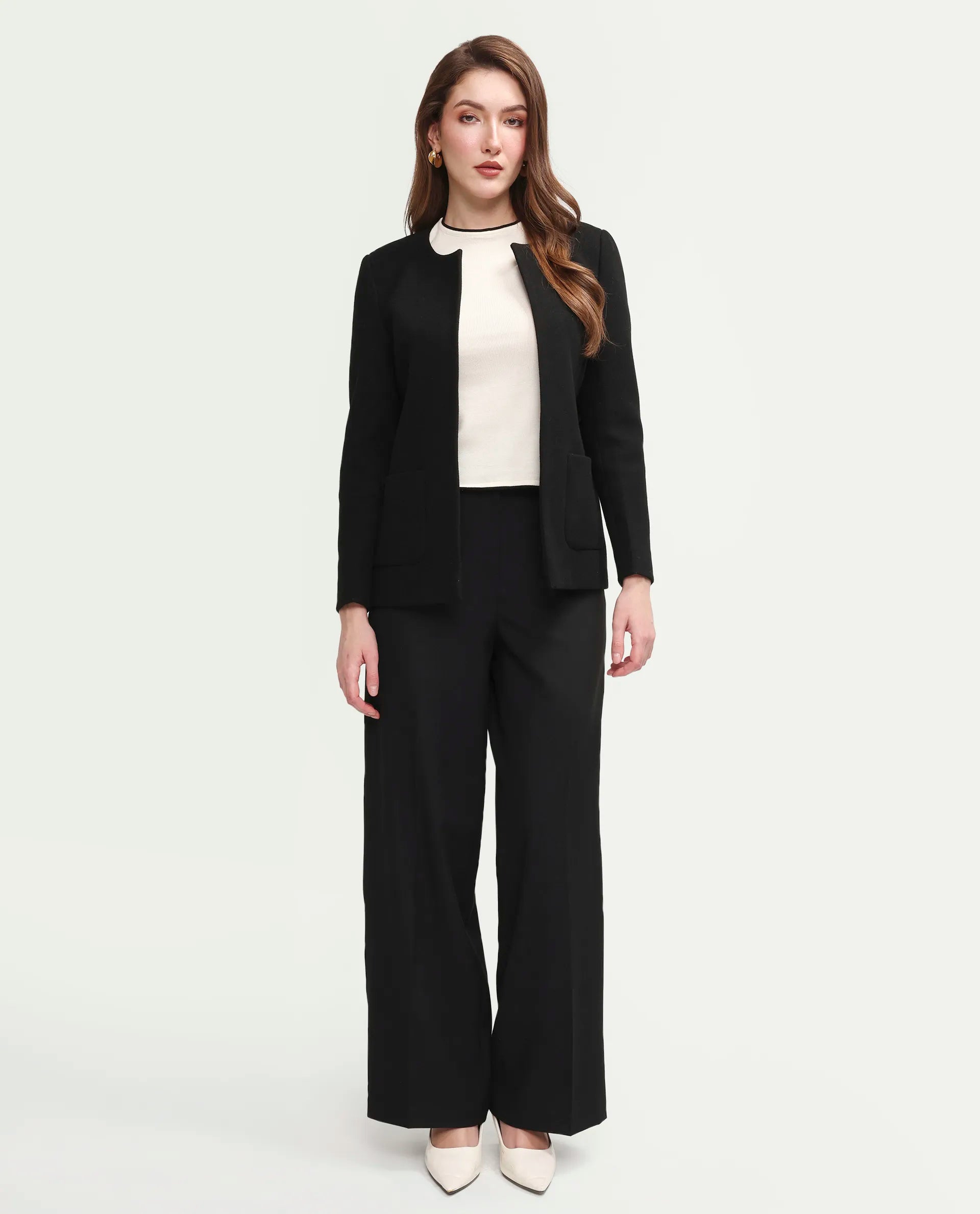 Rareism Women's Celina-B Black Polyester Blend Wide Plain Trouser