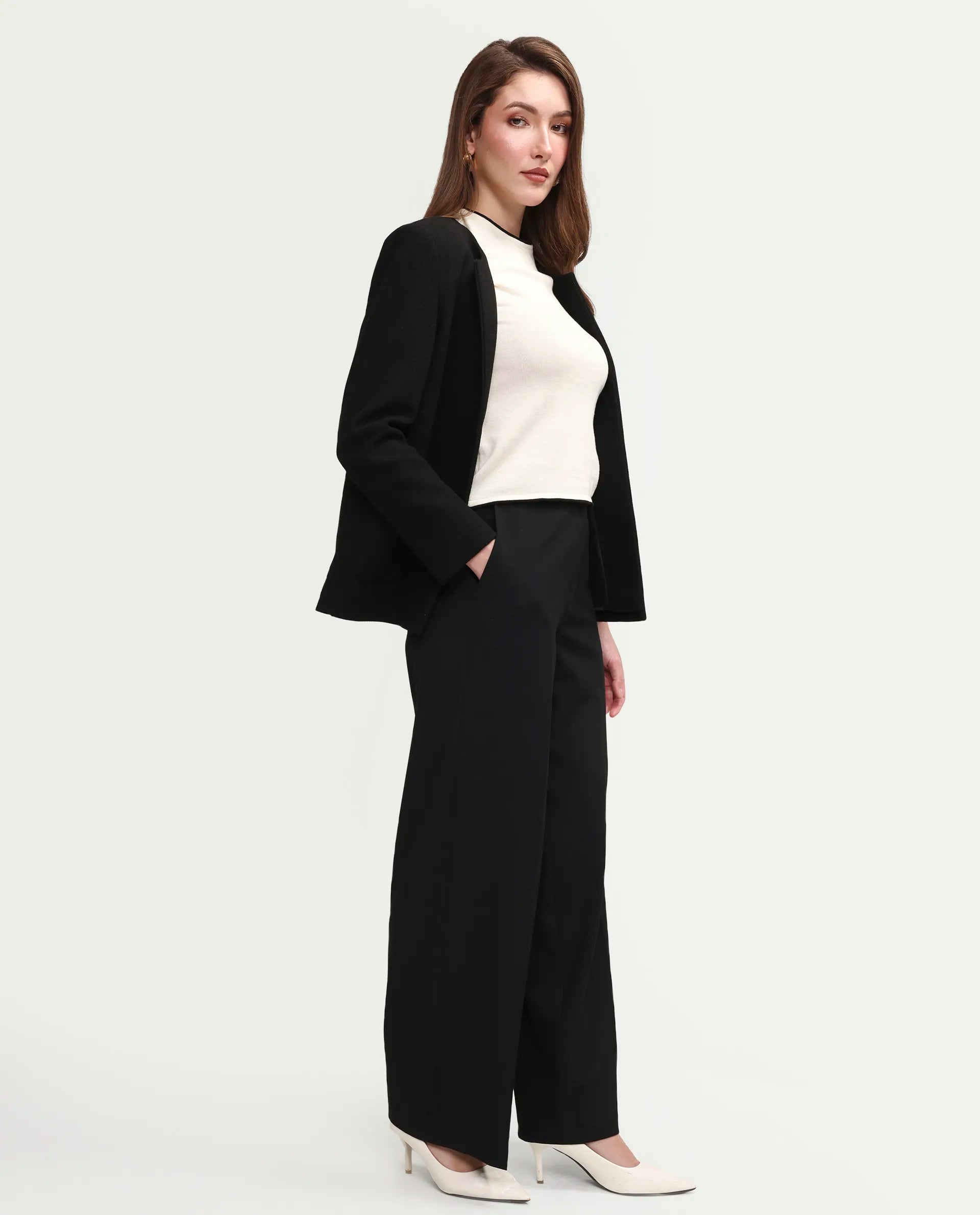 Rareism Women's Celina-B Black Polyester Blend Wide Plain Trouser