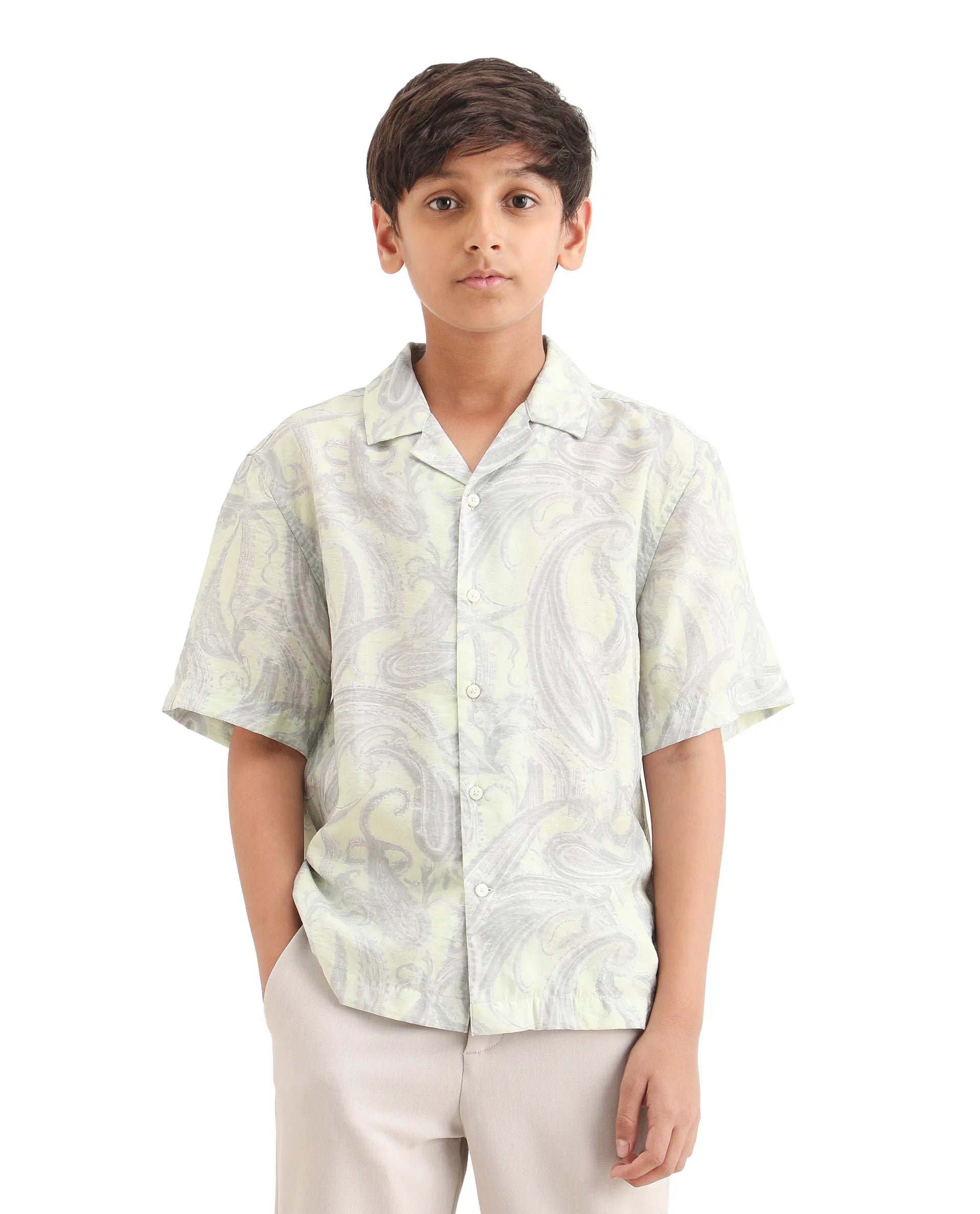 Rare Ones Kids Pasel-S Fluorescent Green Viscose Blend Button Closure Boxy Fit Shirt