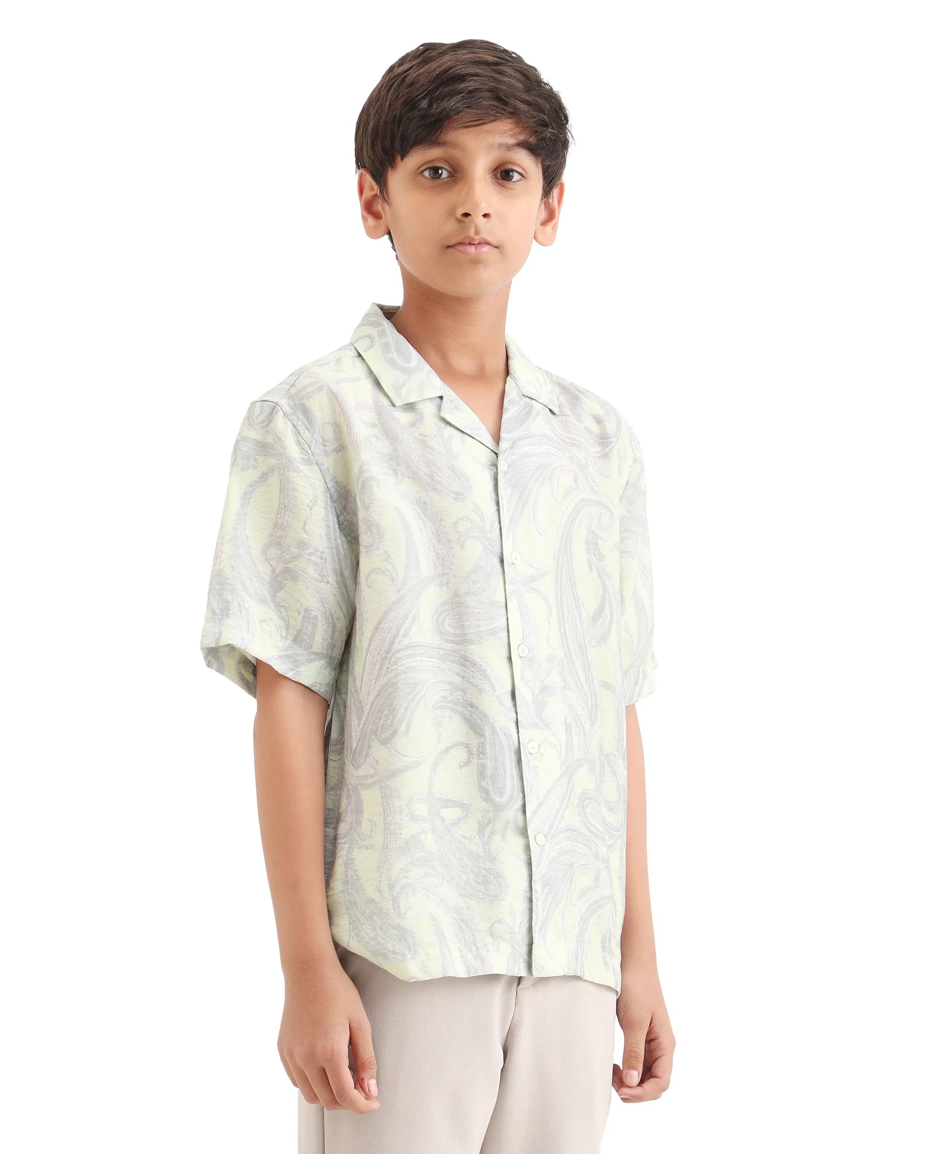 Rare Ones Kids Pasel-S Fluorescent Green Viscose Blend Button Closure Boxy Fit Shirt