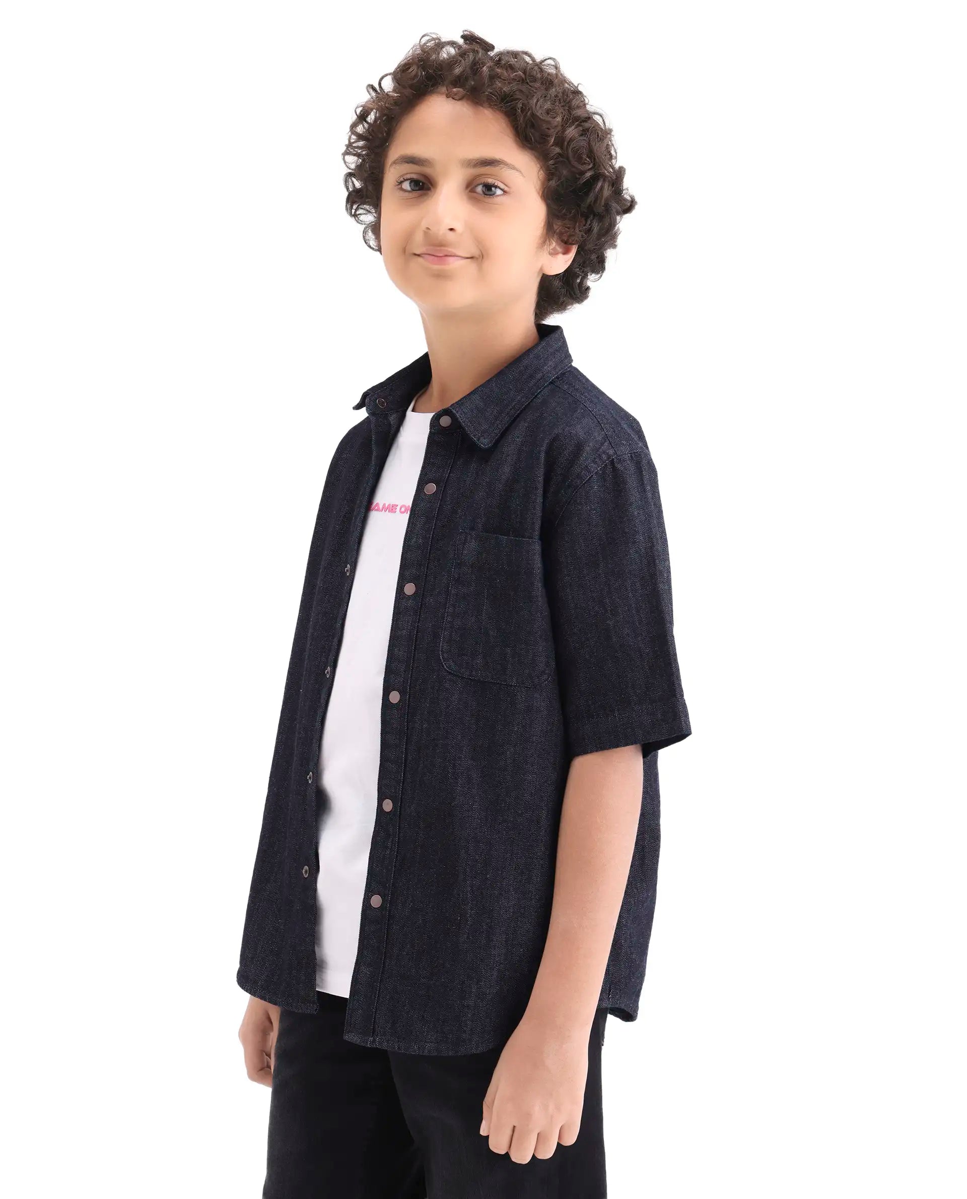 Rare Ones Kids Rocat-Hs Dark Blue Cotton Snap Button Closure Regular Fit Shirt