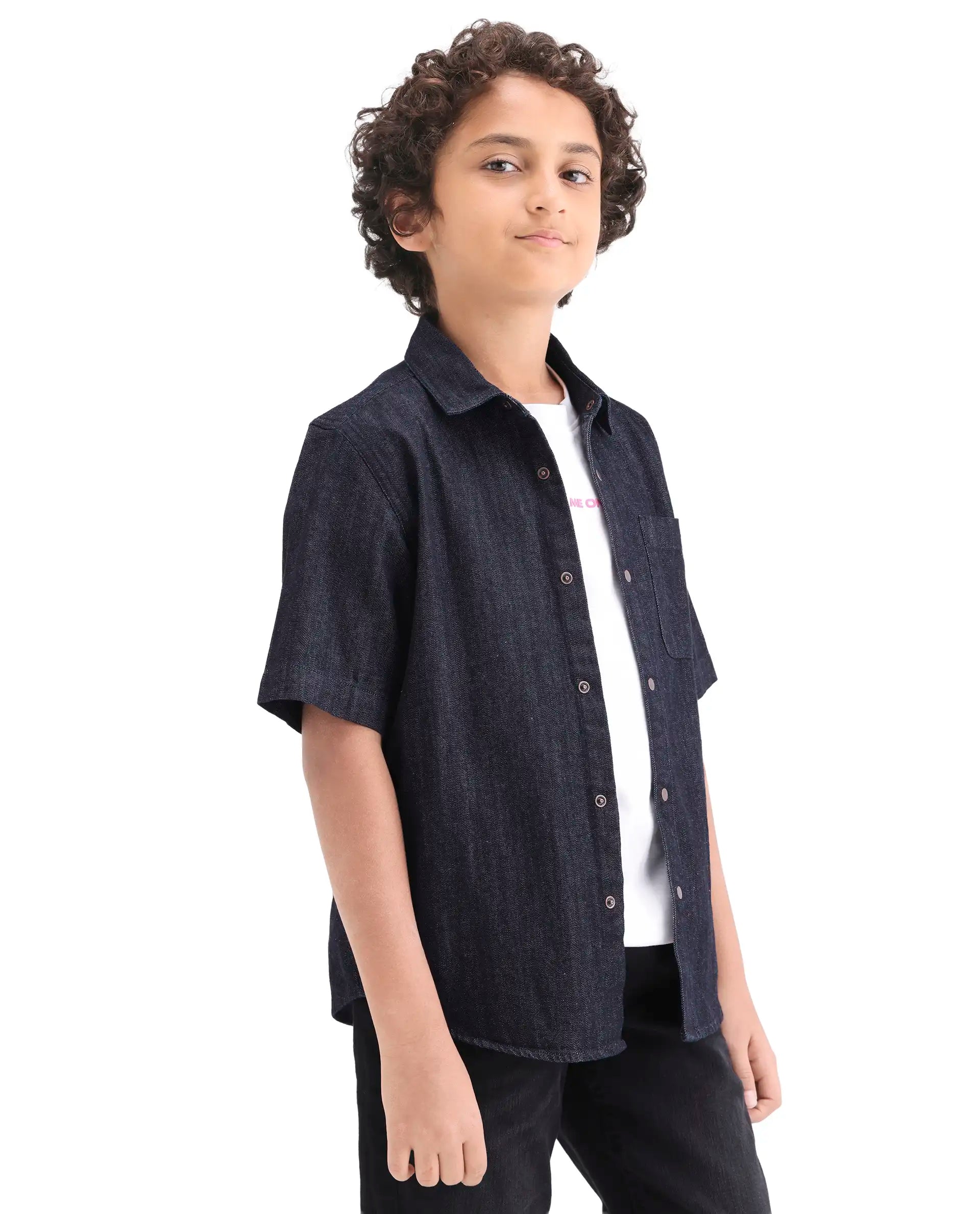 Rare Ones Kids Rocat-Hs Dark Blue Cotton Snap Button Closure Regular Fit Shirt