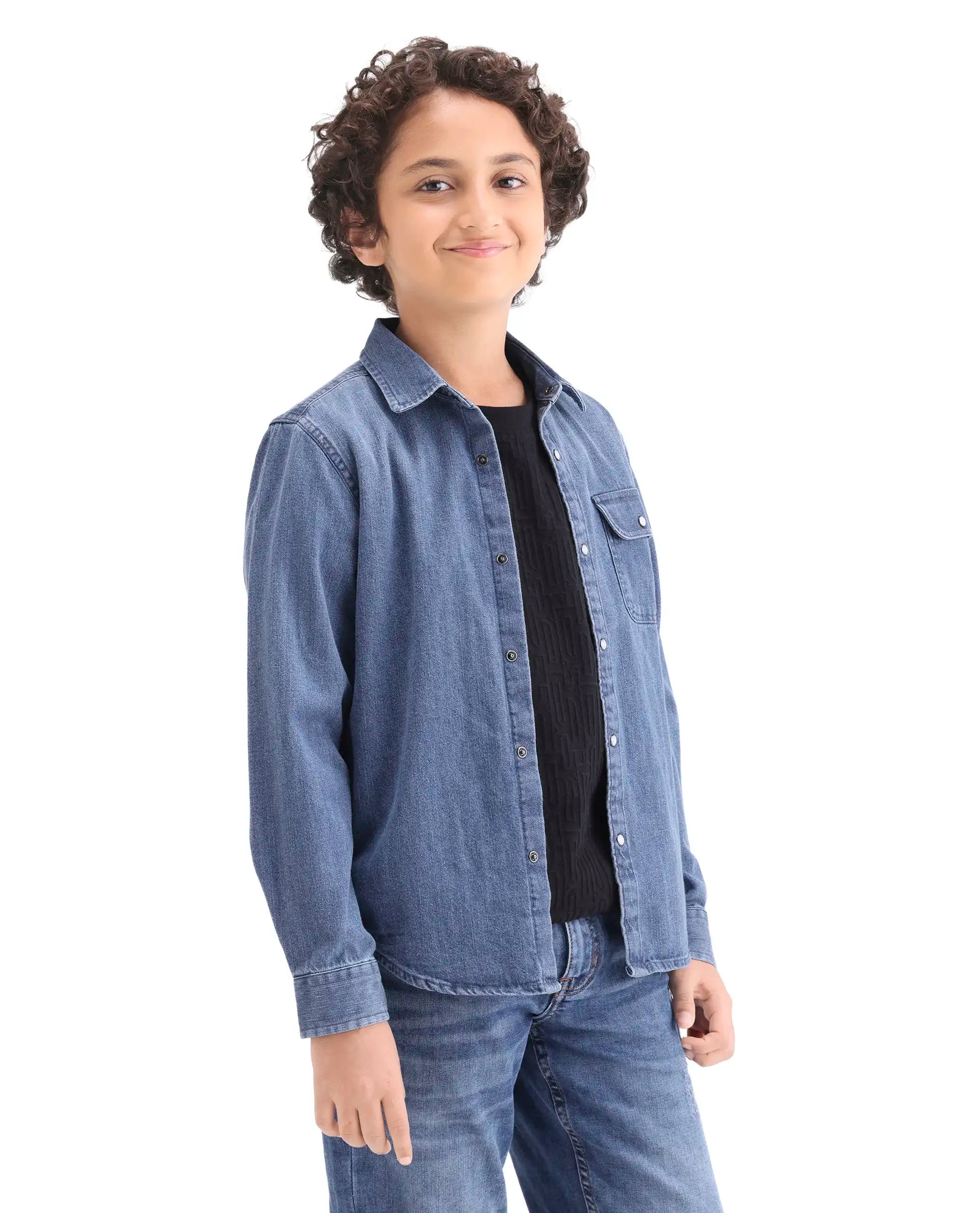 Rare Ones Kids Rocco-Fs Light Blue Cotton Snap Button Closure Regular Fit Shirt