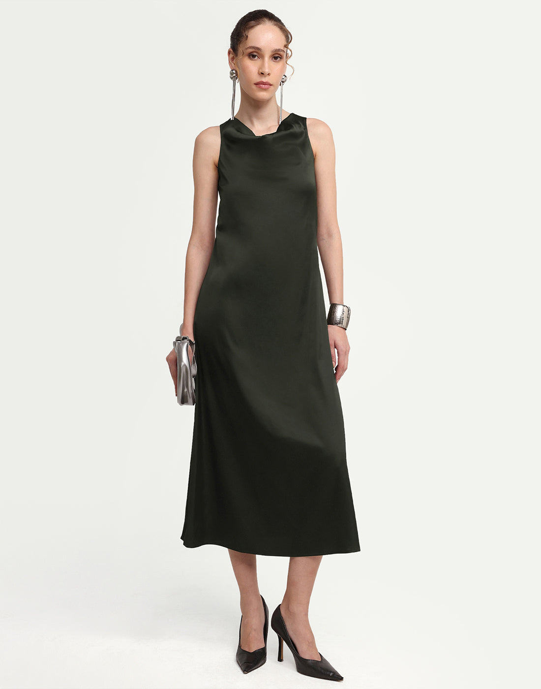 Rareism Women's Addina Olive Polyester Cowl Neck Pull-On Bodycon Plain Dress