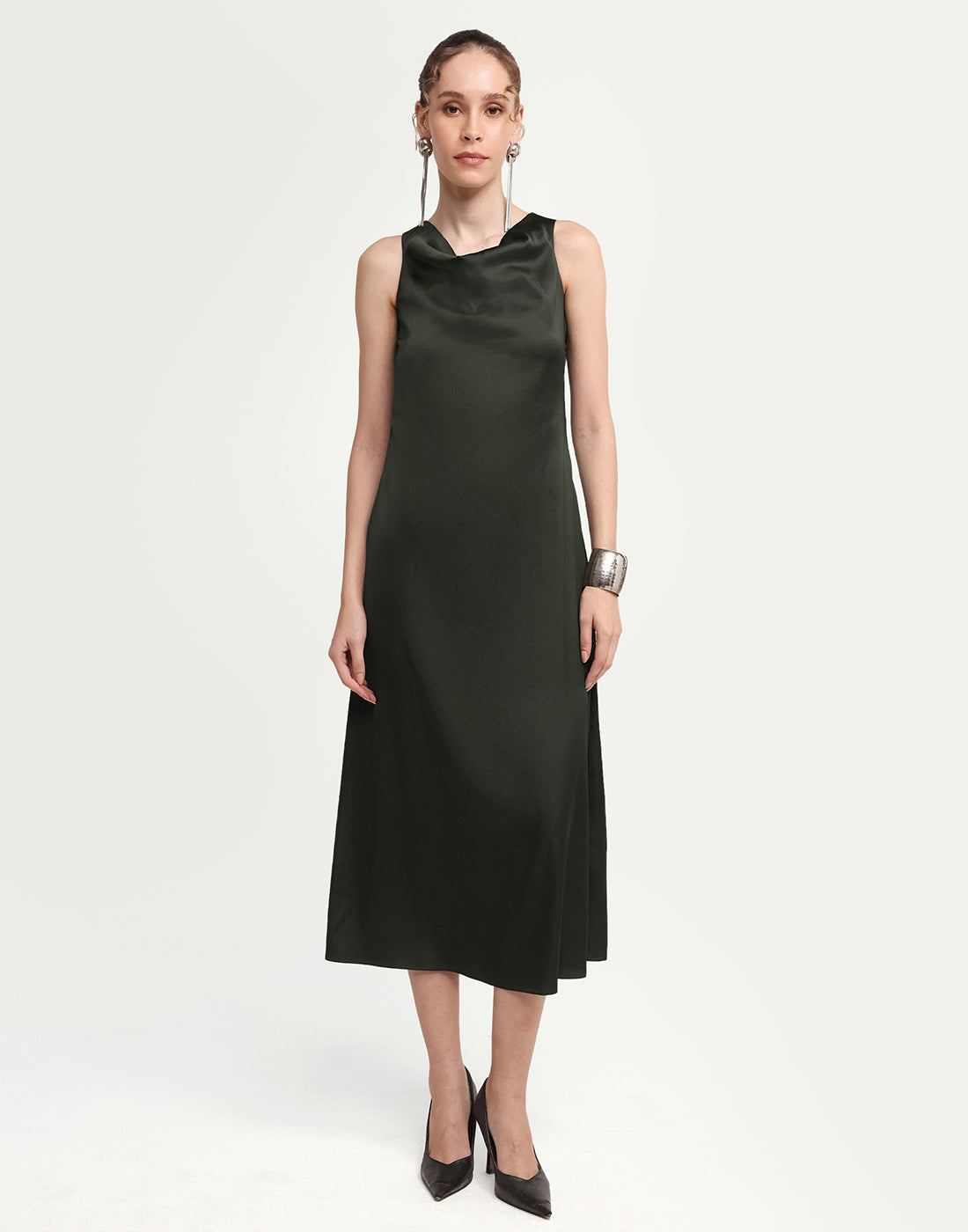 Rareism Women's Addina Olive Polyester Cowl Neck Pull-On Bodycon Plain Dress
