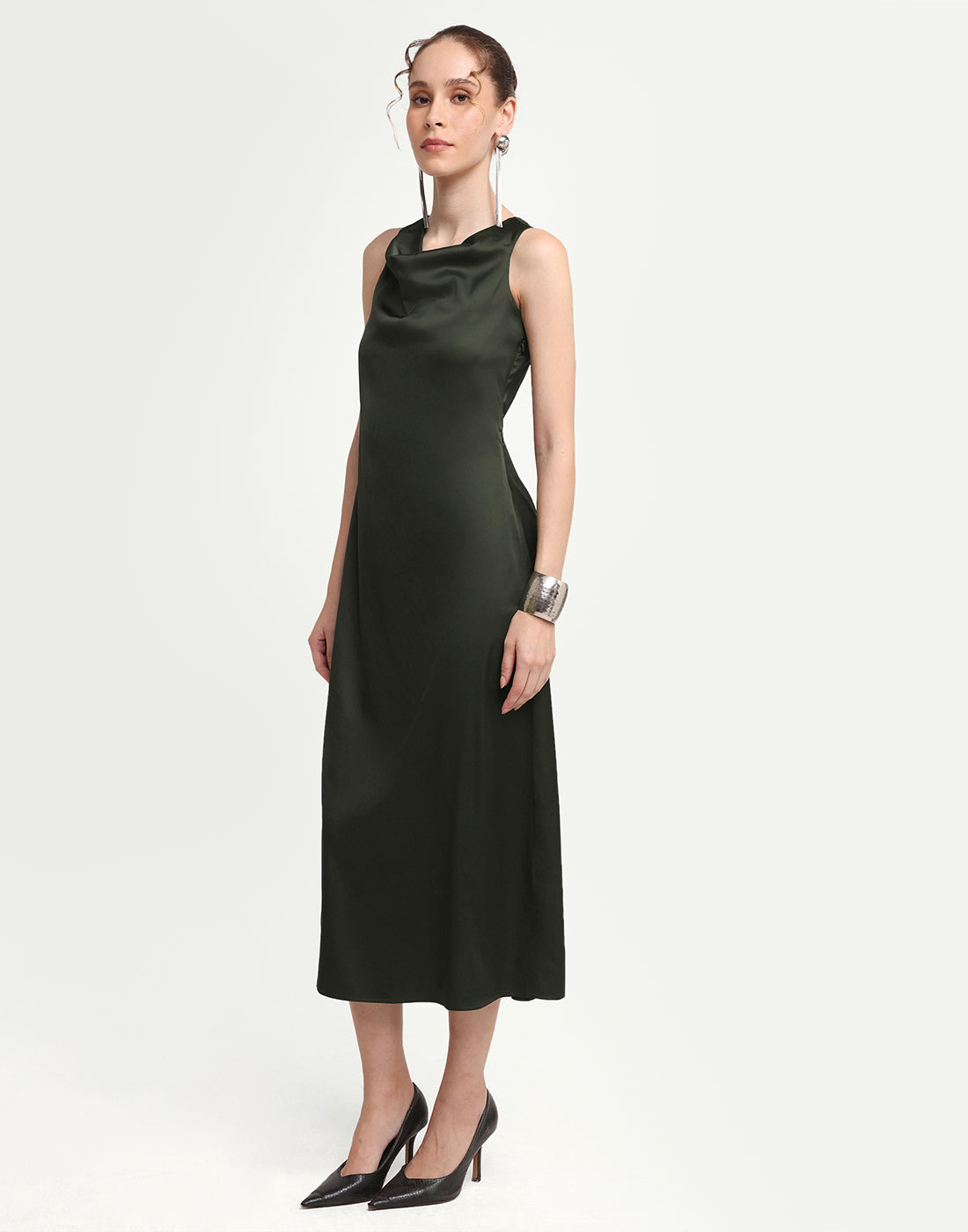 Rareism Women's Addina Olive Polyester Cowl Neck Pull-On Bodycon Plain Dress