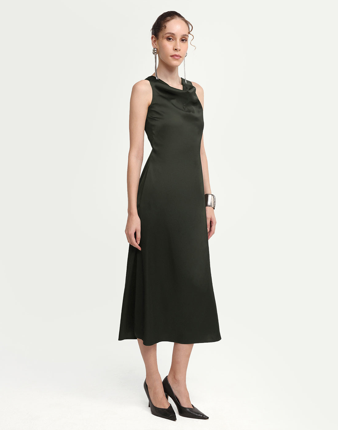 Rareism Women's Addina Olive Polyester Cowl Neck Pull-On Bodycon Plain Dress