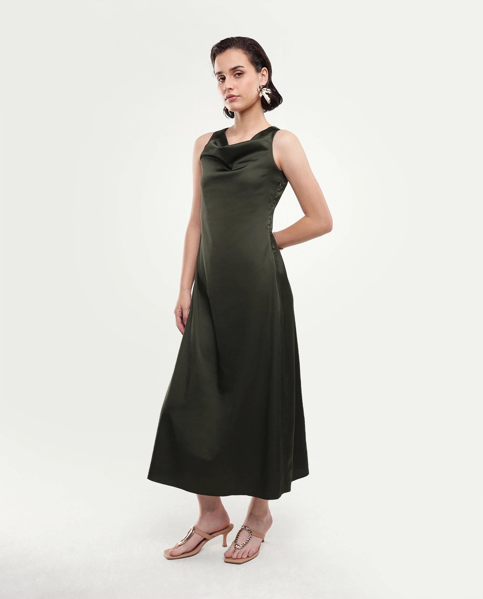 Rareism Women's Addina Olive Polyester Cowl Neck Pull-On Bodycon Plain Dress