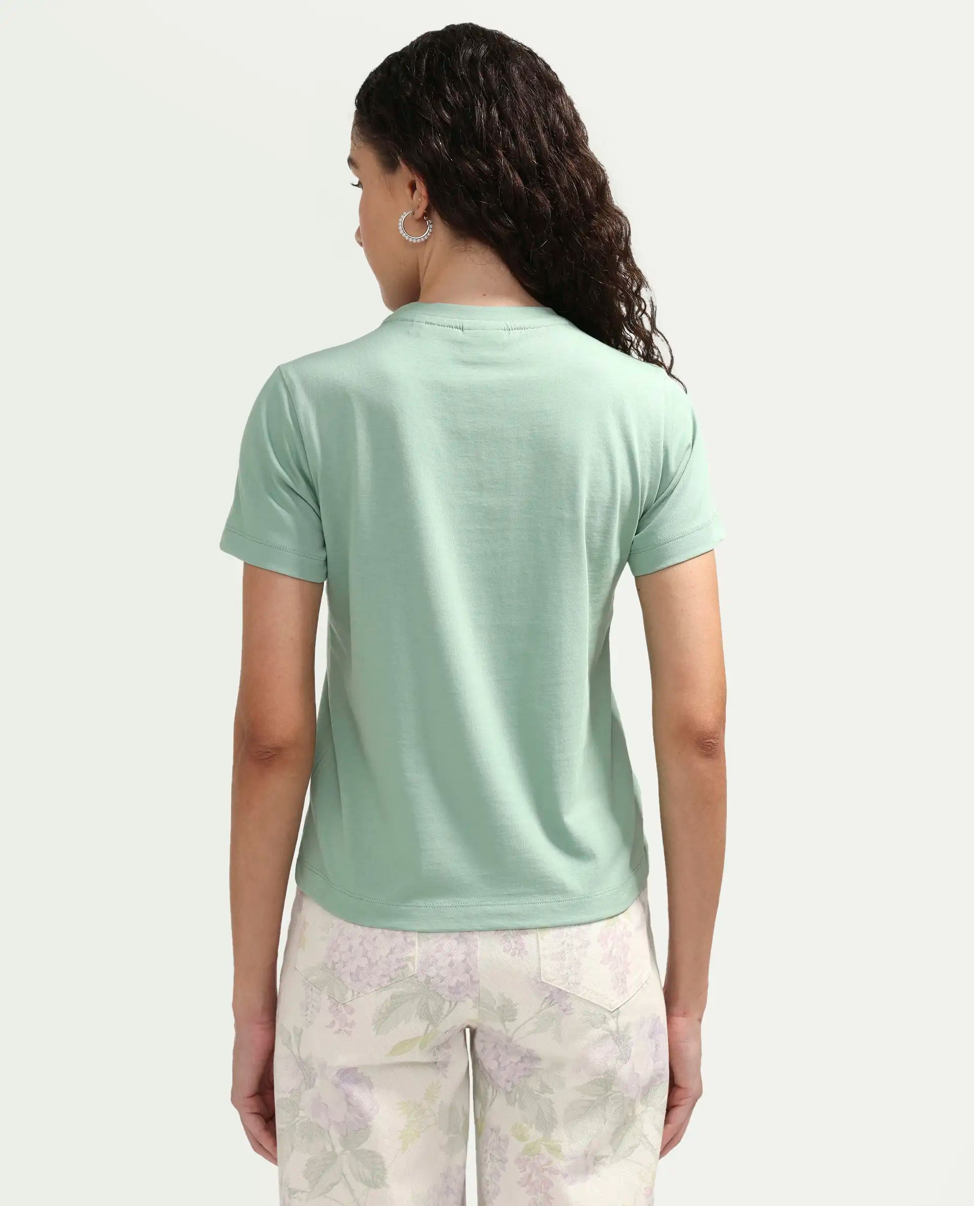 Rareism Women's Zexer Light Green Cotton Crew Neck Pull-On Regular Floral Print T-Shirt