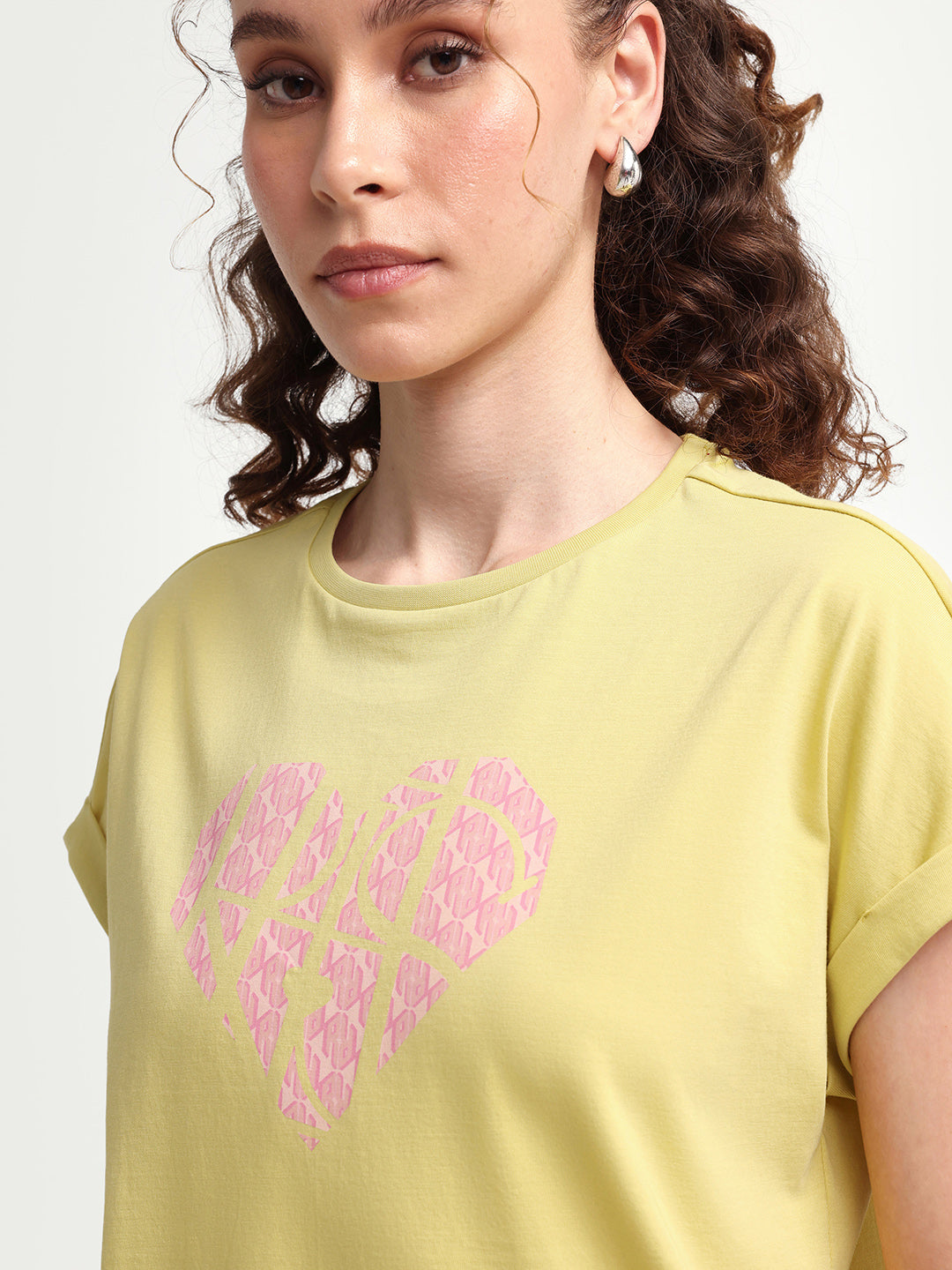 Rareism Women's Zibbit Light Green Cotton Crew Neck Pull-On Relaxed Monogram Print T-Shirt
