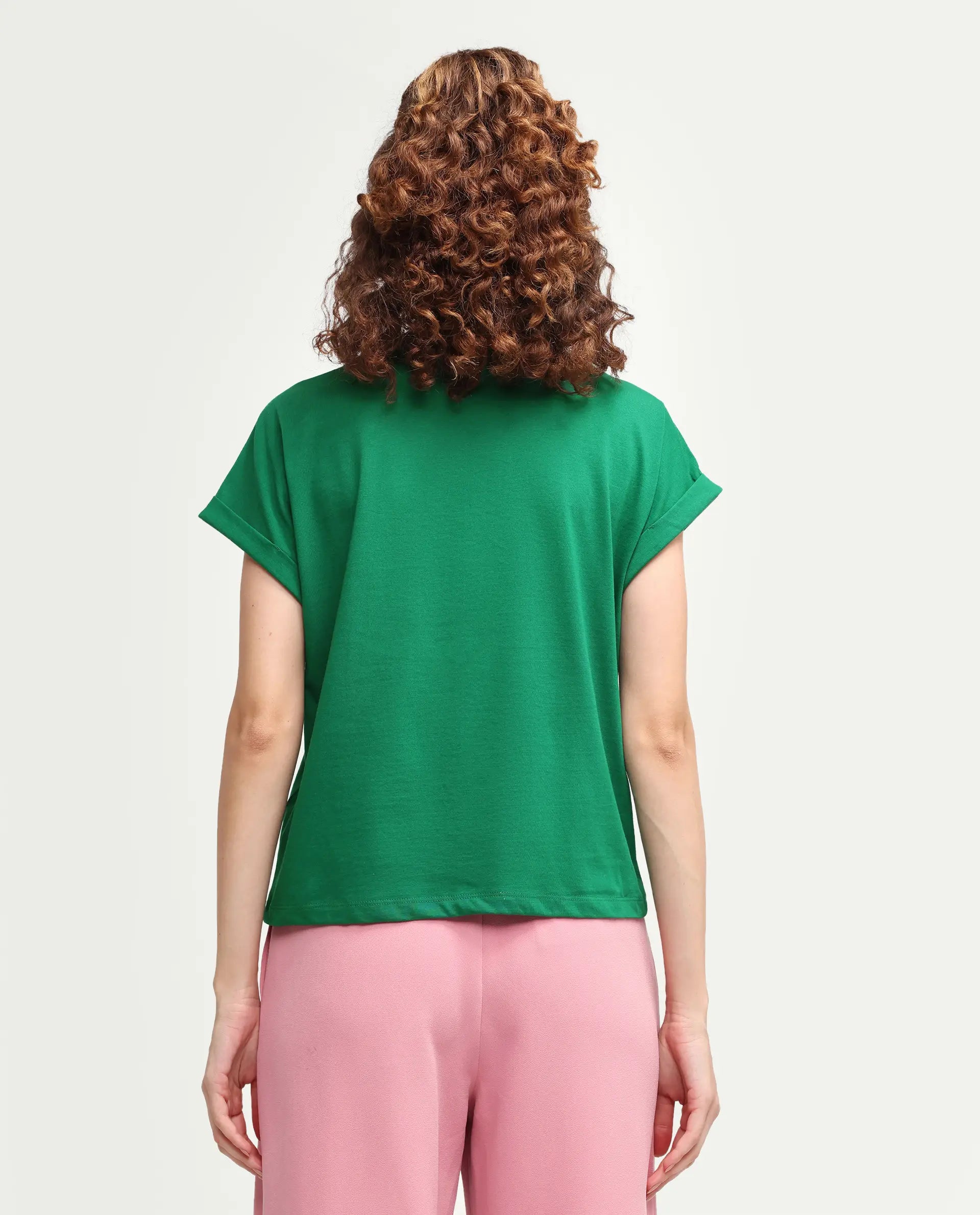 Rareism Women's Zivic Dark Green Cotton Crew Neck Pull-On Relaxed Typography Print T-Shirt