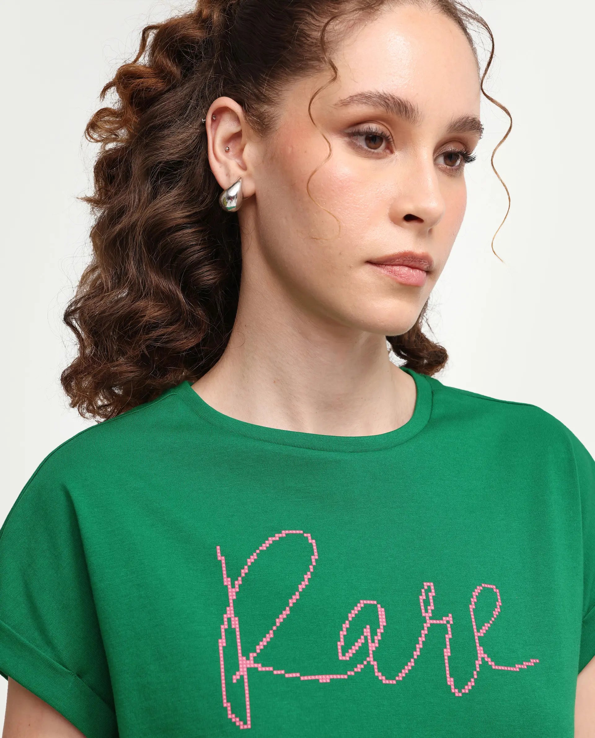 Rareism Women's Zivic Dark Green Cotton Crew Neck Pull-On Relaxed Typography Print T-Shirt