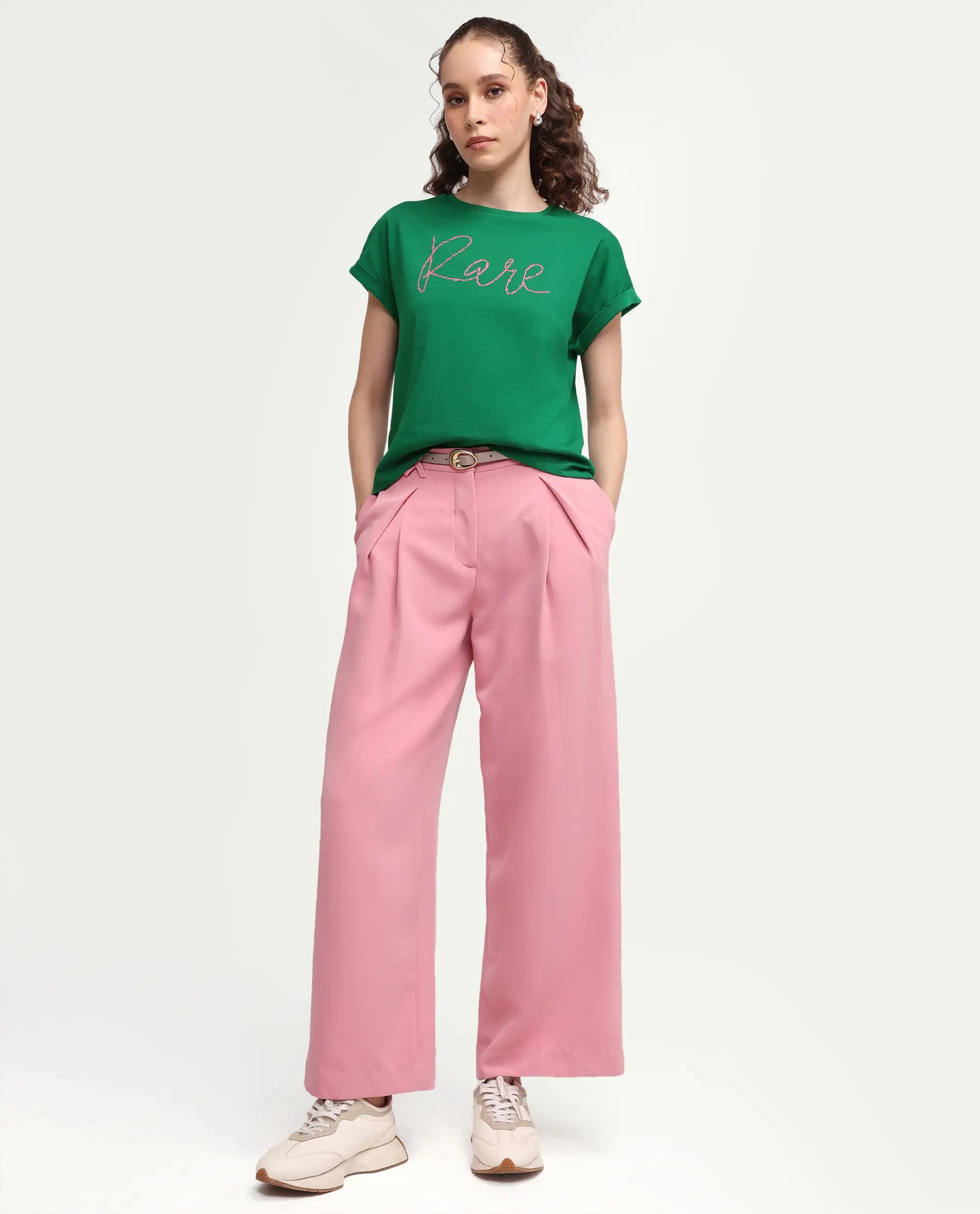 Rareism Women's Zivic Dark Green Cotton Crew Neck Pull-On Relaxed Typography Print T-Shirt