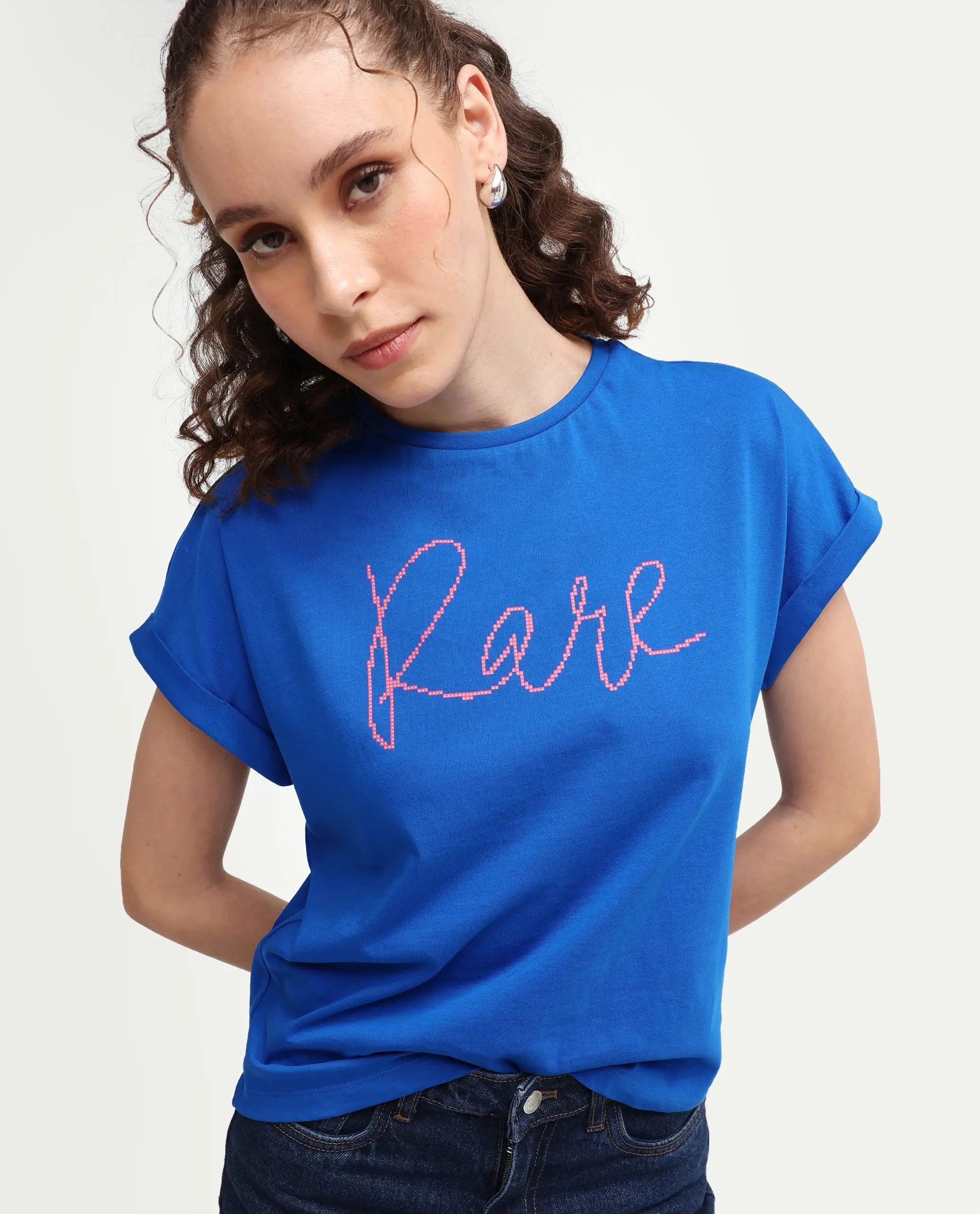 Rareism Women's Zivic Dark Blue Cotton Crew Neck Pull-On Relaxed Typography Print T-Shirt
