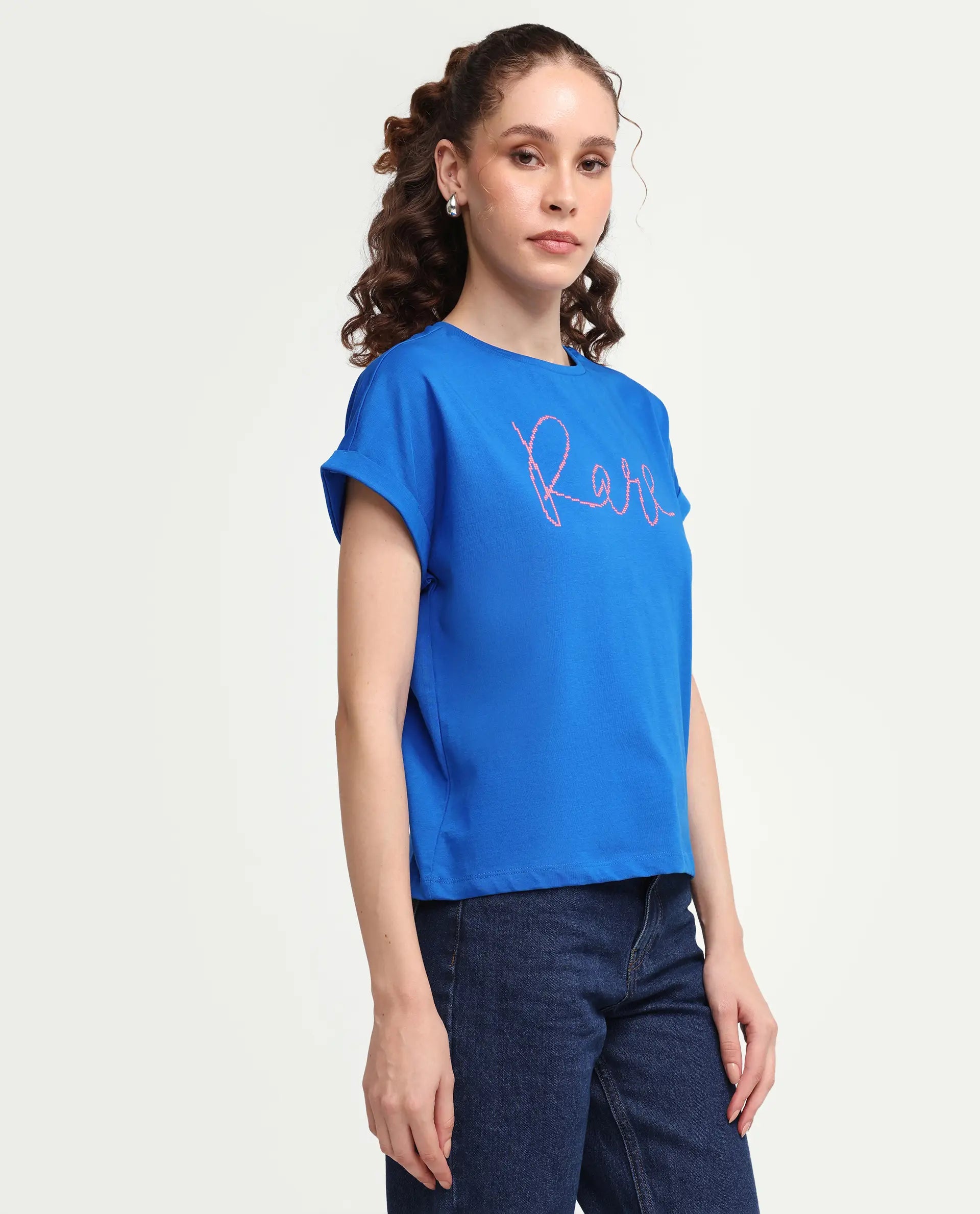 Rareism Women's Zivic Dark Blue Cotton Crew Neck Pull-On Relaxed Typography Print T-Shirt
