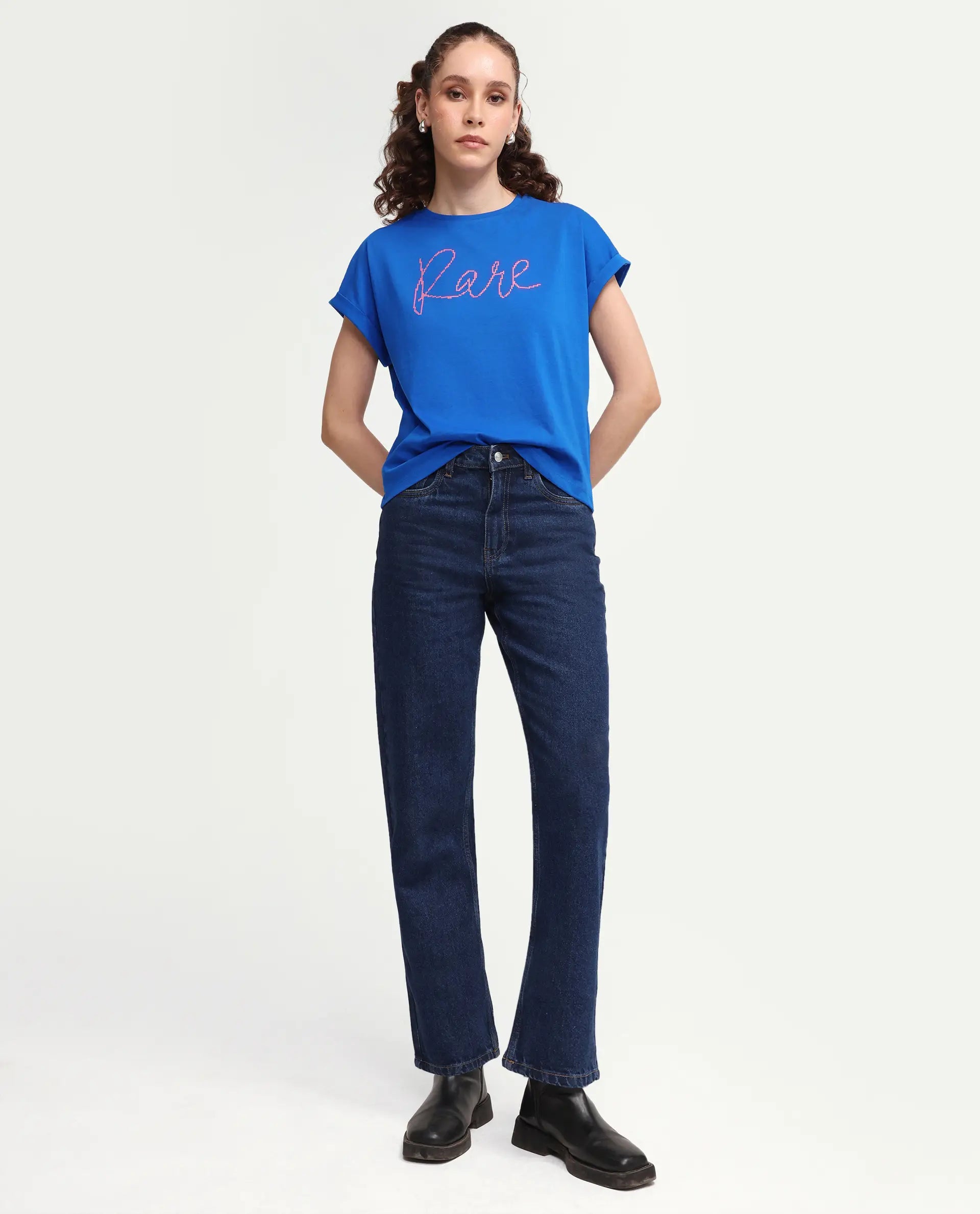 Rareism Women's Zivic Dark Blue Cotton Crew Neck Pull-On Relaxed Typography Print T-Shirt