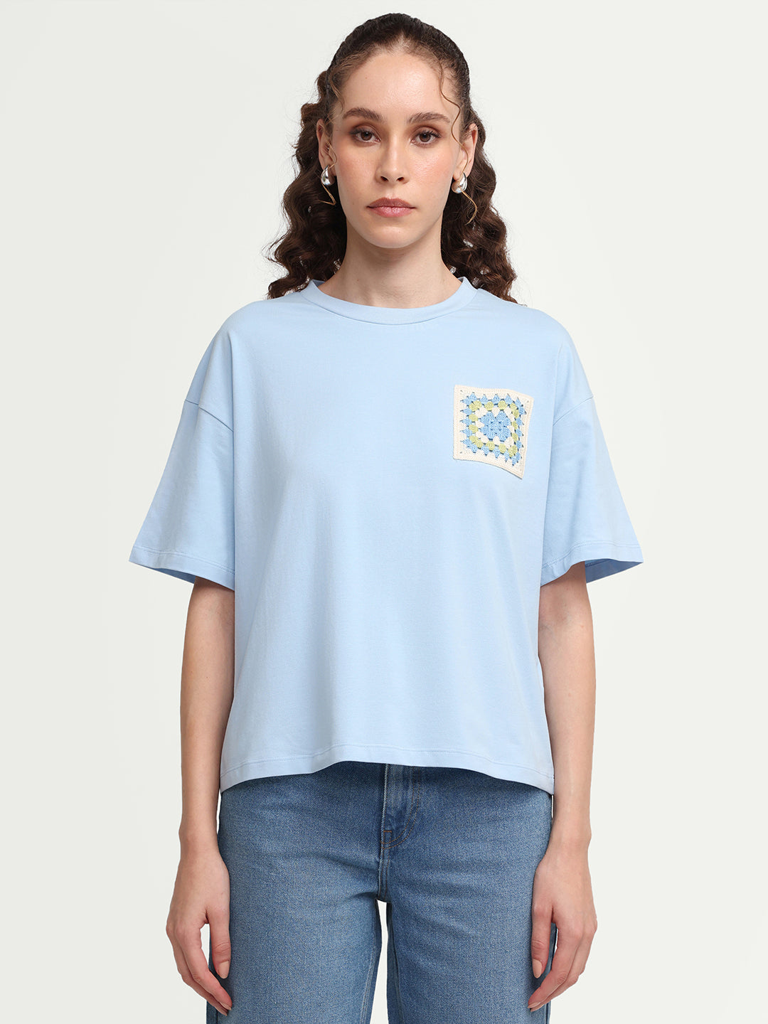 Rareism Women's Zoppy Light Blue Cotton Blend Crew Neck Pull-On Boxy Plain T-Shirt