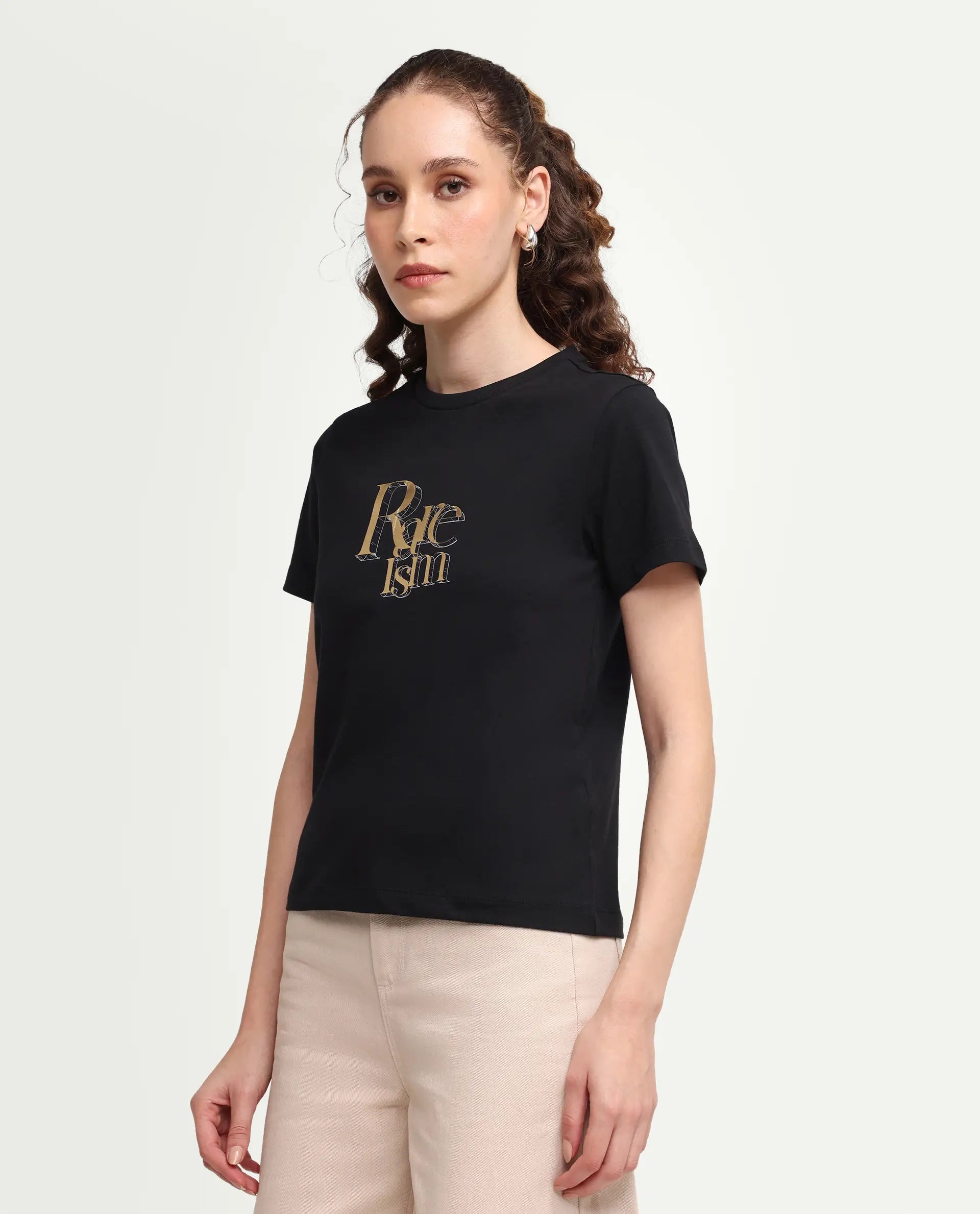 Rareism Women's Zism Black Cotton Blend Crew Neck Pull-On Regular Graphic Print T-Shirt