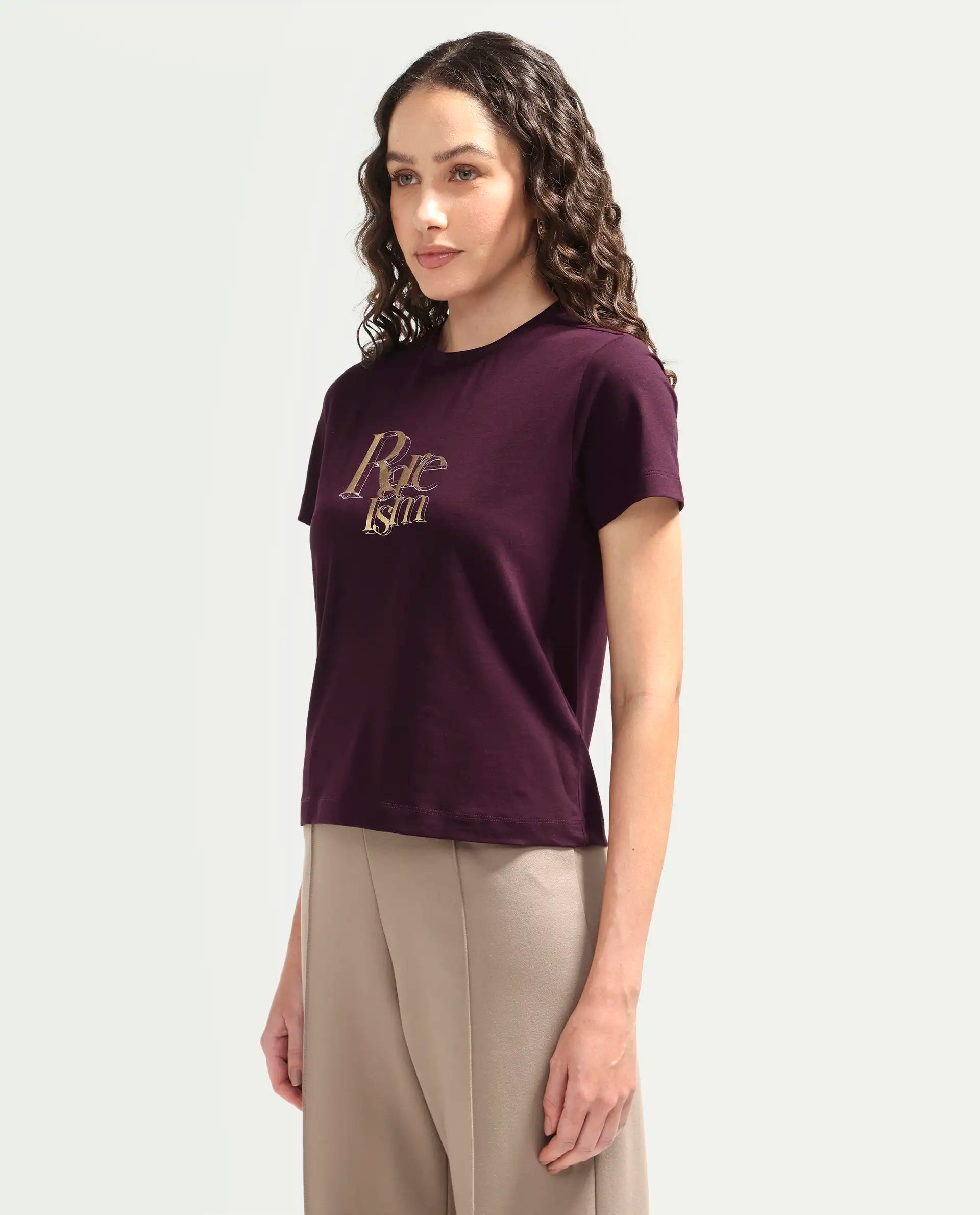 Rareism Women's Zism Dark Maroon Cotton Blend Crew Neck Pull-On Regular Graphic Print T-Shirt