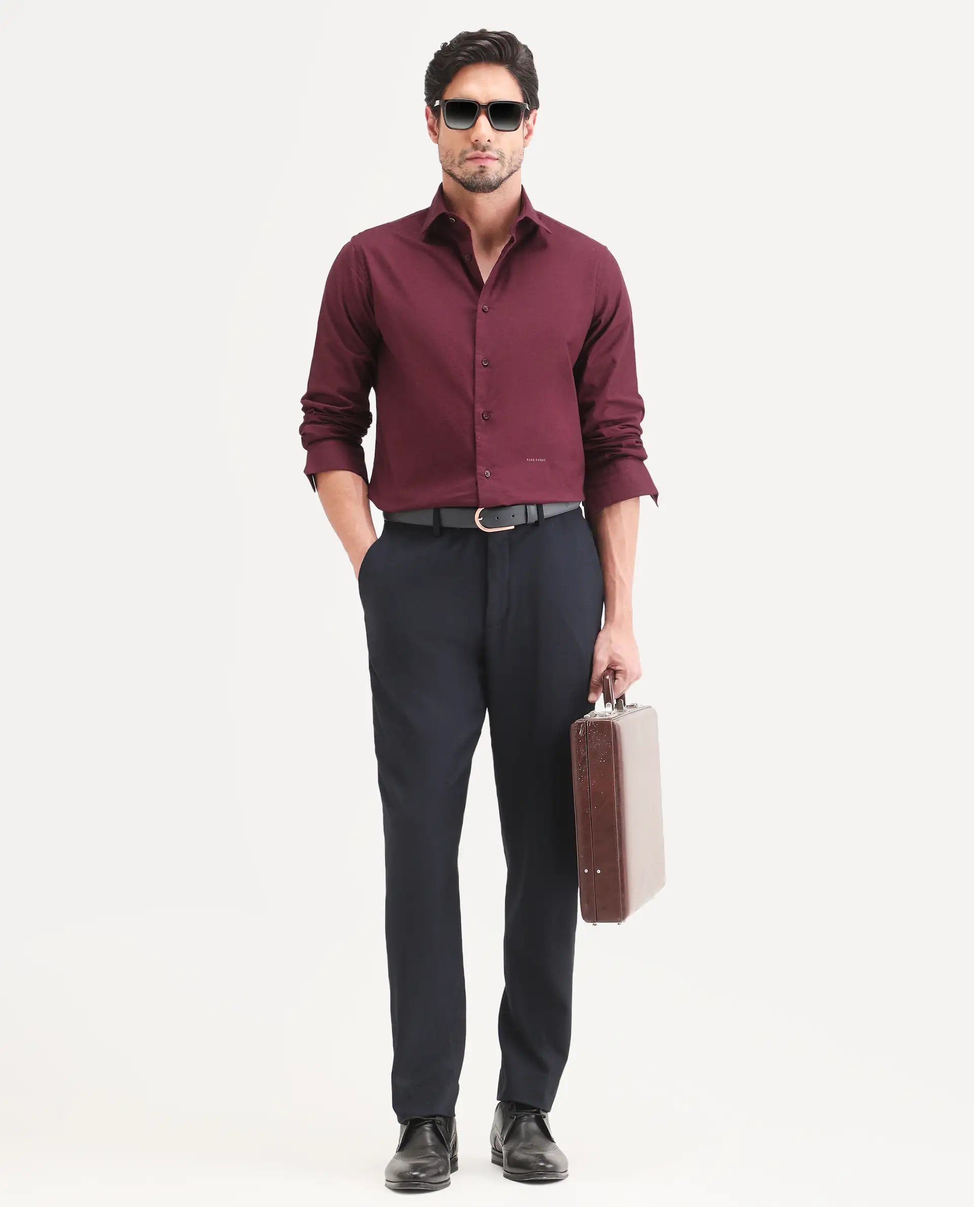 Rare Rabbit Men's Remob Maroon Cotton Blend Fabric Full Sleeve Regular Fit Plain Shirt