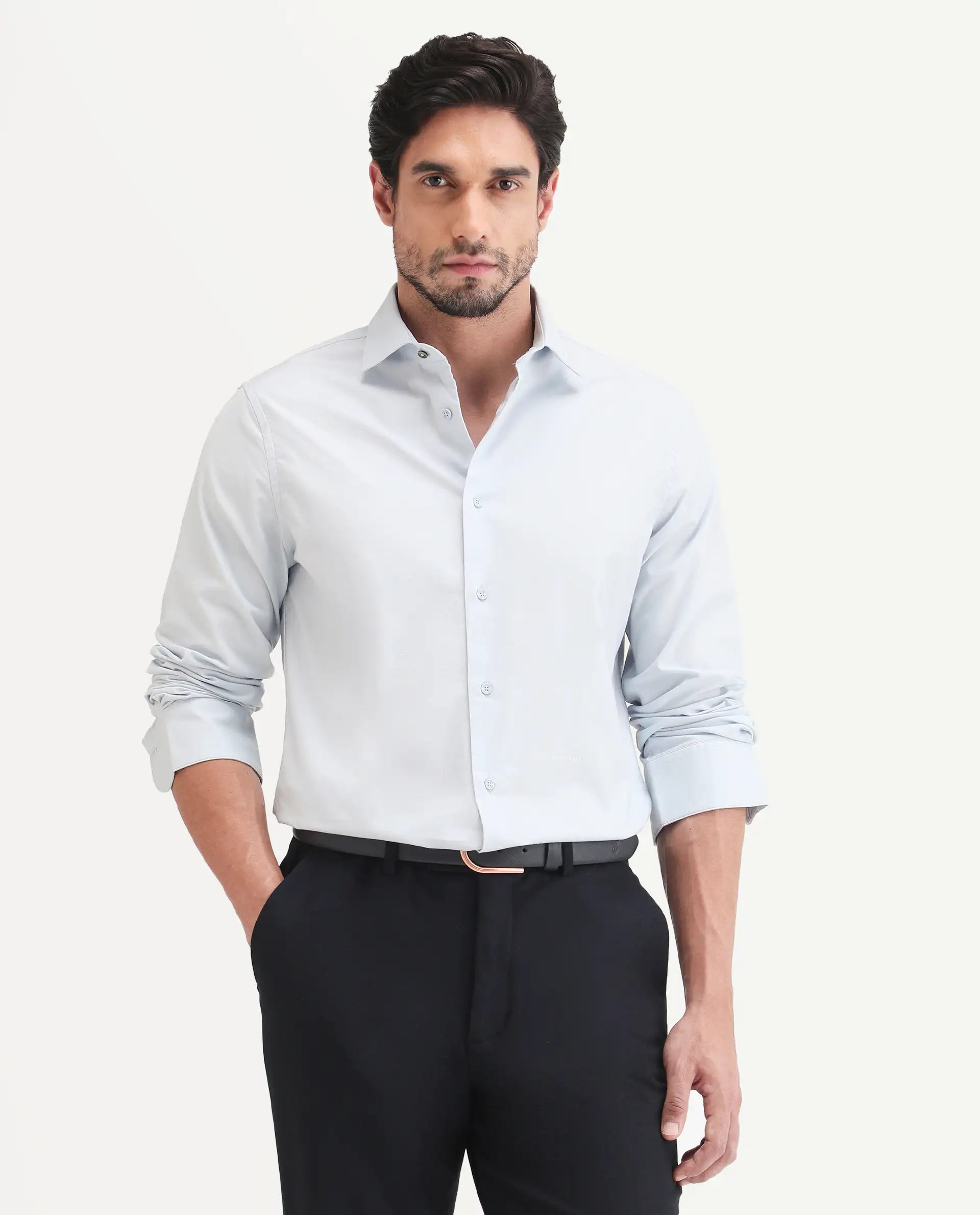 Rare Rabbit Men's Remob Light Blue Cotton Blend Fabric Full Sleeve Regular Fit Plain Shirt