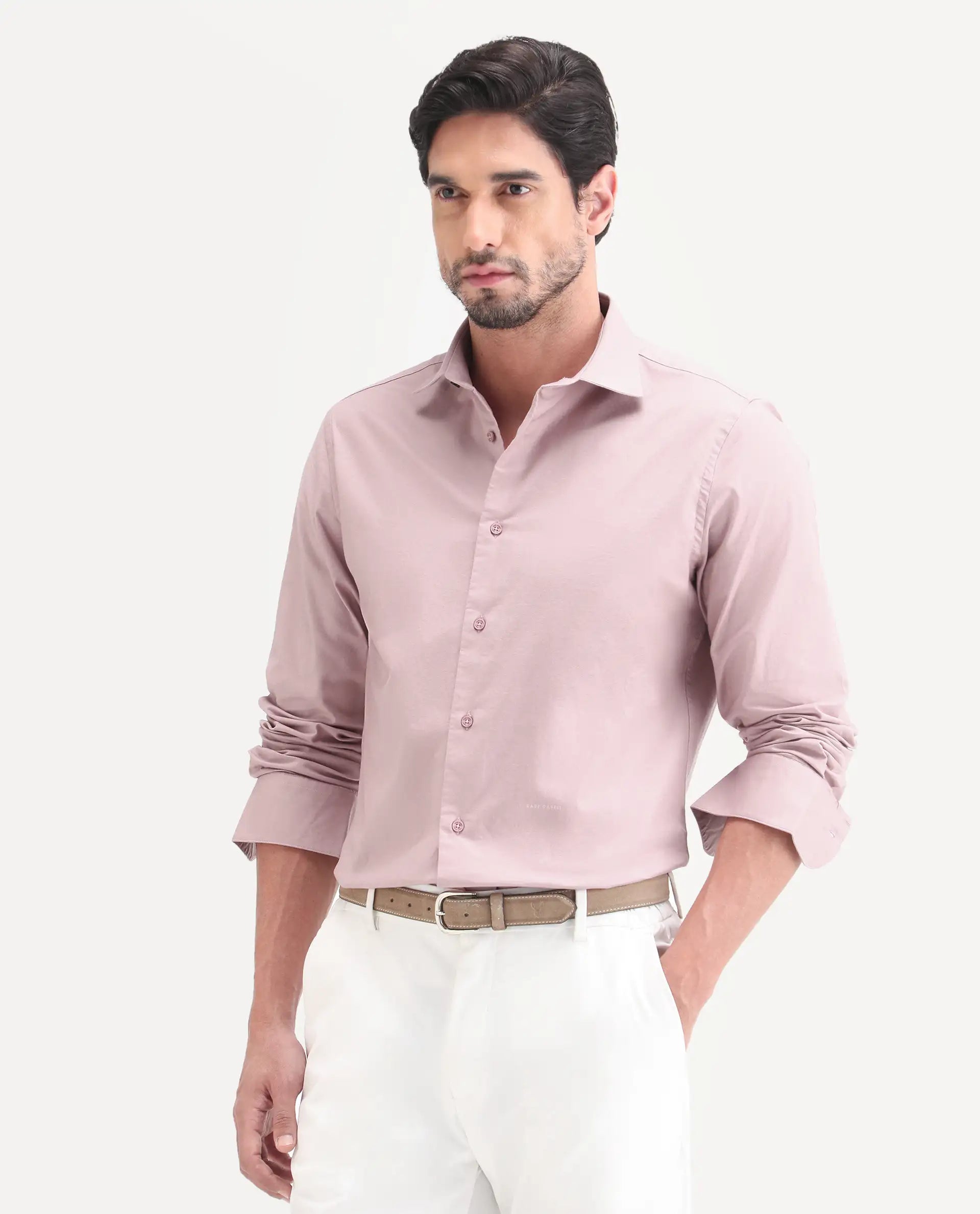 Rare Rabbit Men's Remob Light Pink Cotton Blend Fabric Full Sleeve Regular Fit Plain Shirt