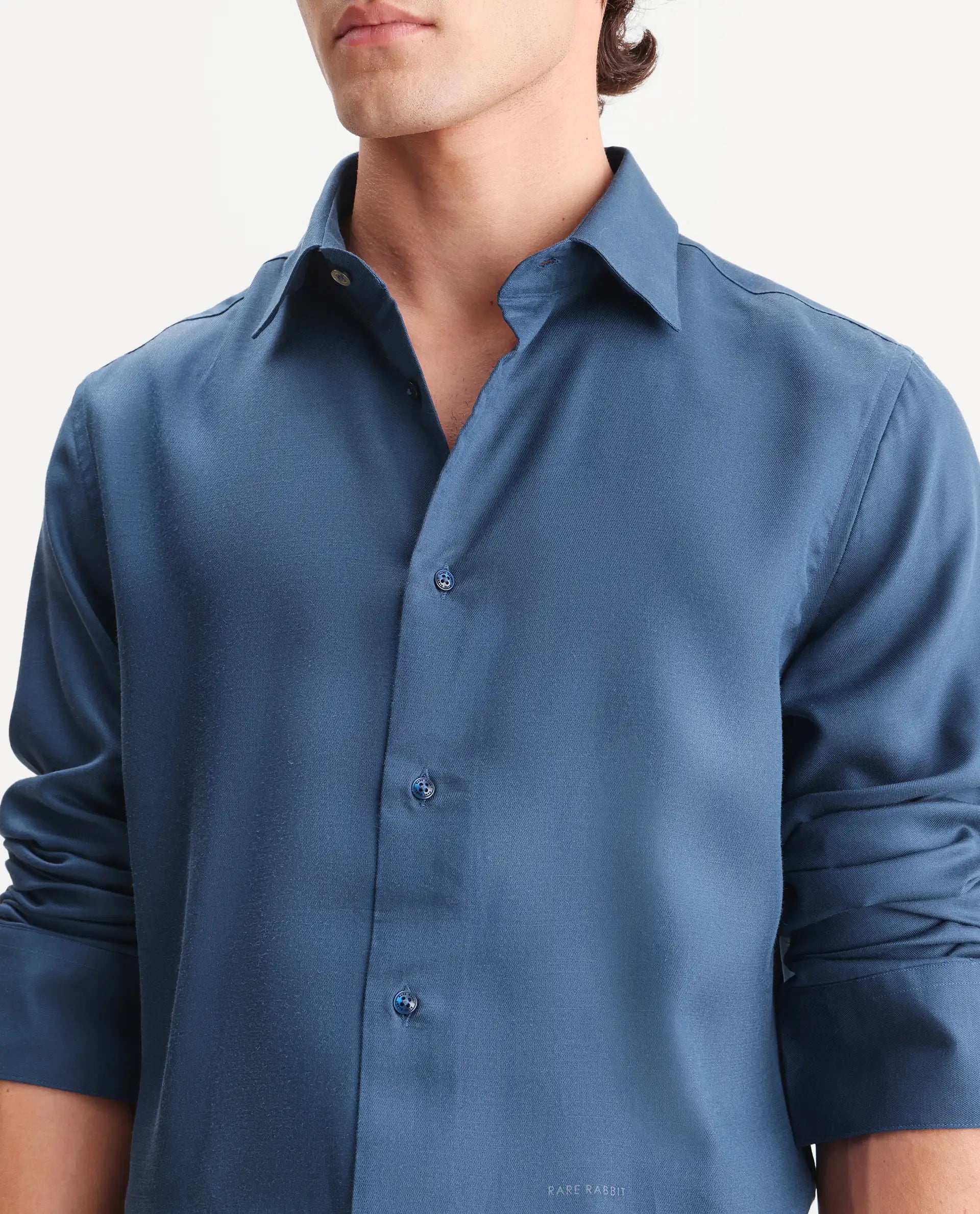 Rare Rabbit Men's Zanty Blue Lyocell Fabric Full Sleeve Regular Fit Plain Shirt