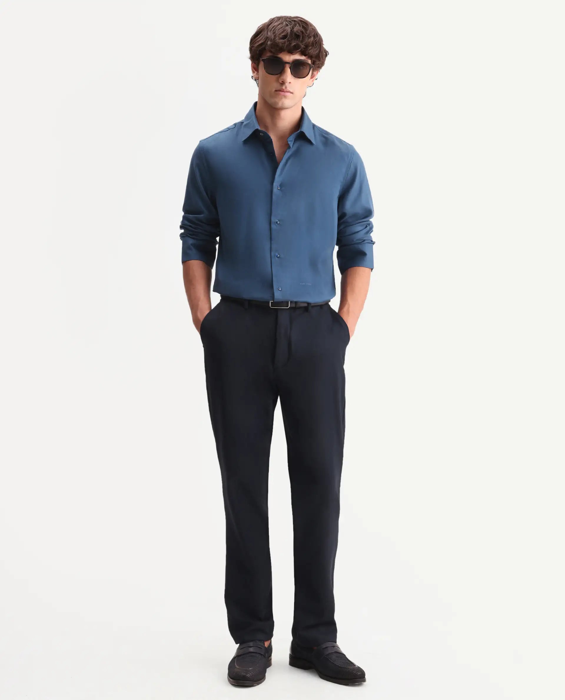 Rare Rabbit Men's Zanty Blue Lyocell Fabric Full Sleeve Regular Fit Plain Shirt