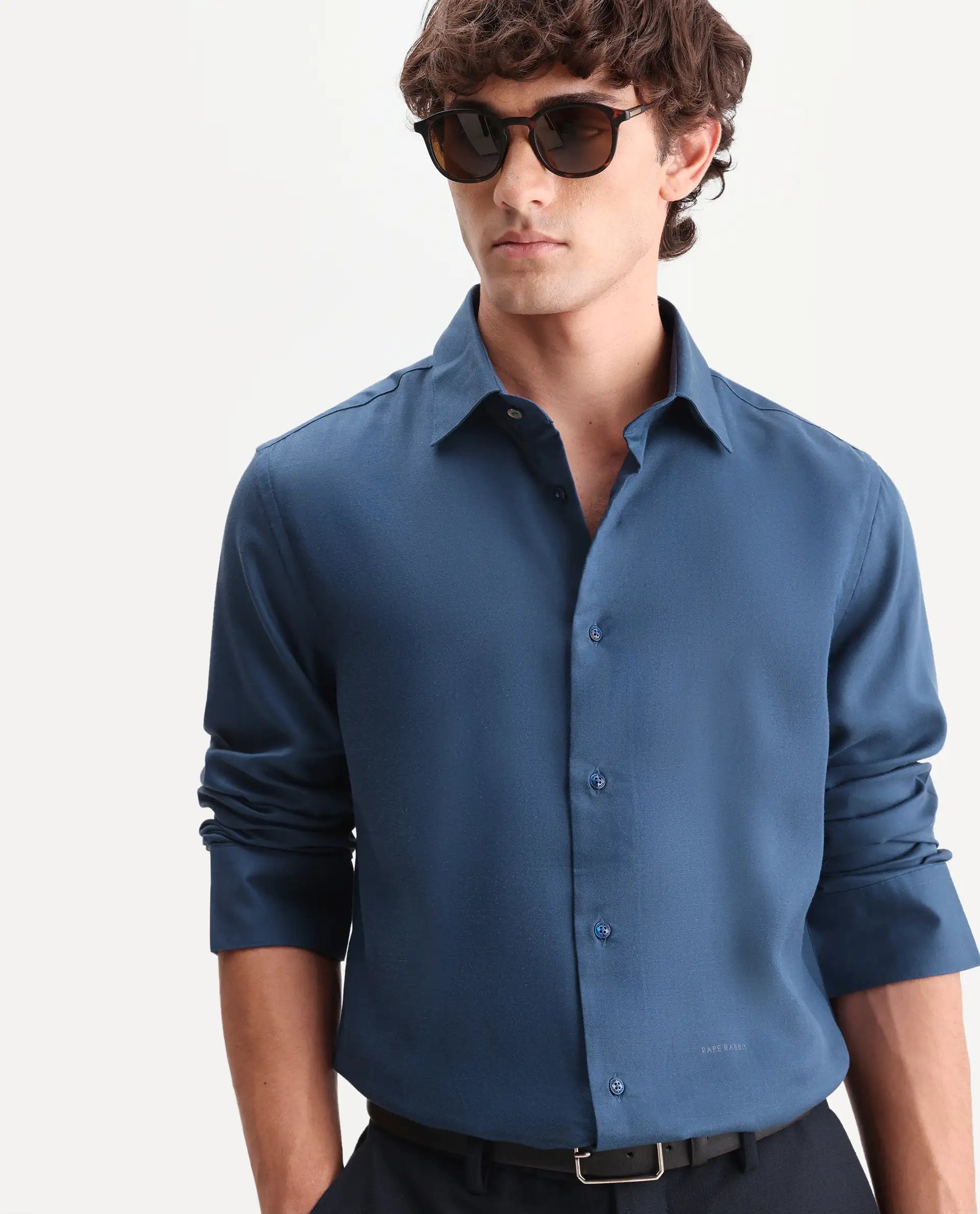 Rare Rabbit Men's Zanty Blue Lyocell Fabric Full Sleeve Regular Fit Plain Shirt