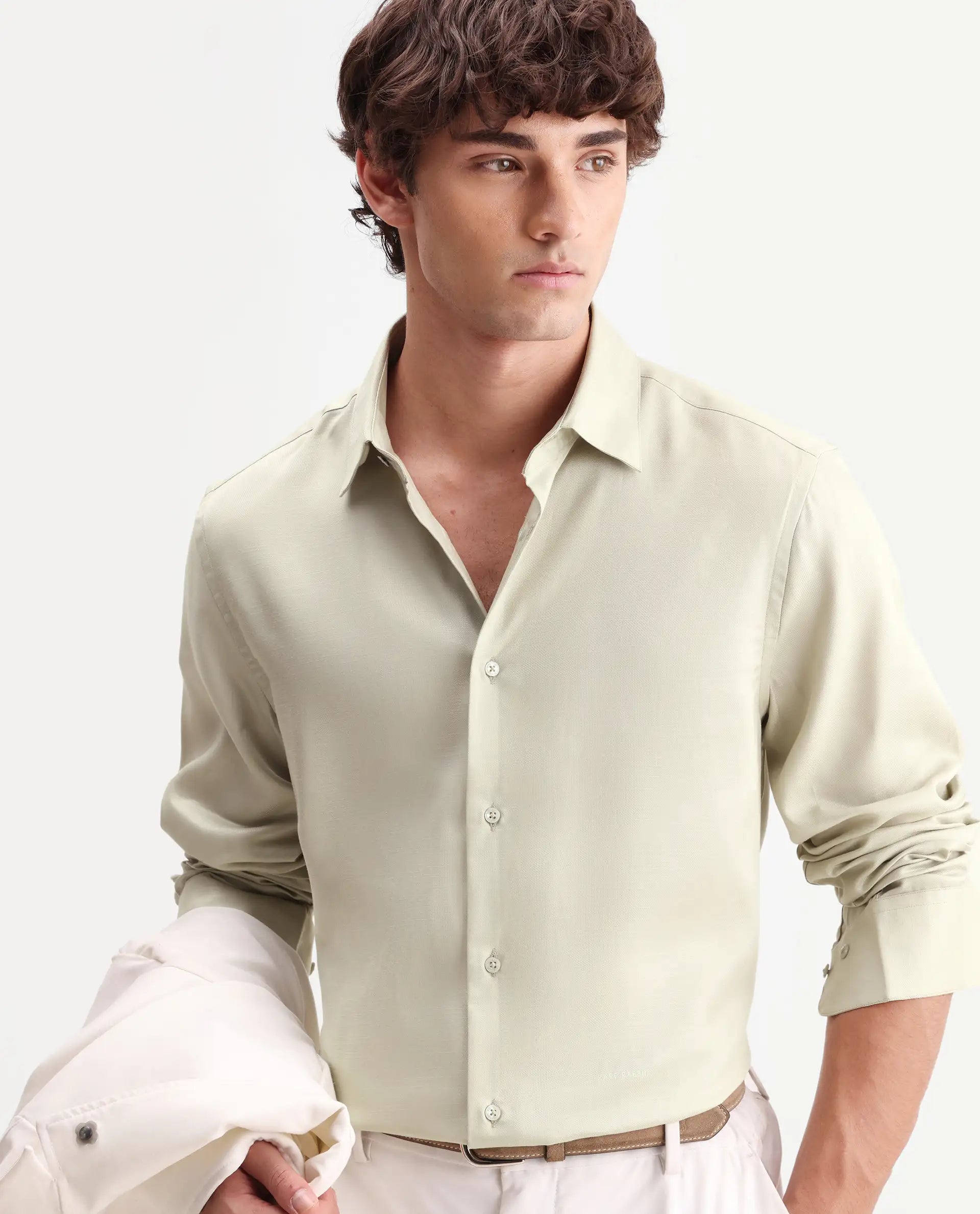 Rare Rabbit Men's Zanty Light Green Lyocell Fabric Full Sleeve Regular Fit Plain Shirt