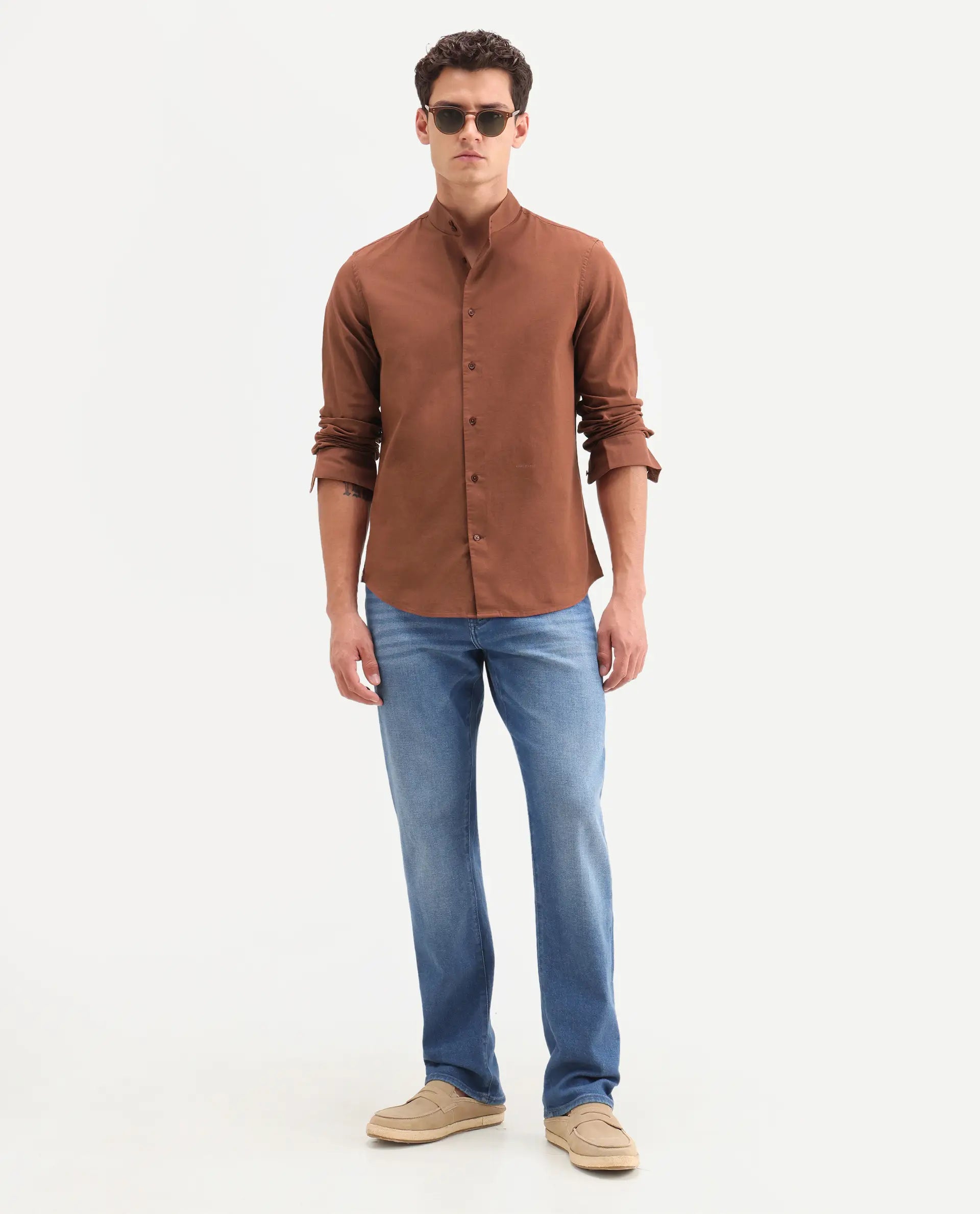 Rare Rabbit Men's Cadex Brown Cotton Fabric Full Sleeve Mandarin Collar Regular Fit Plain Shirt