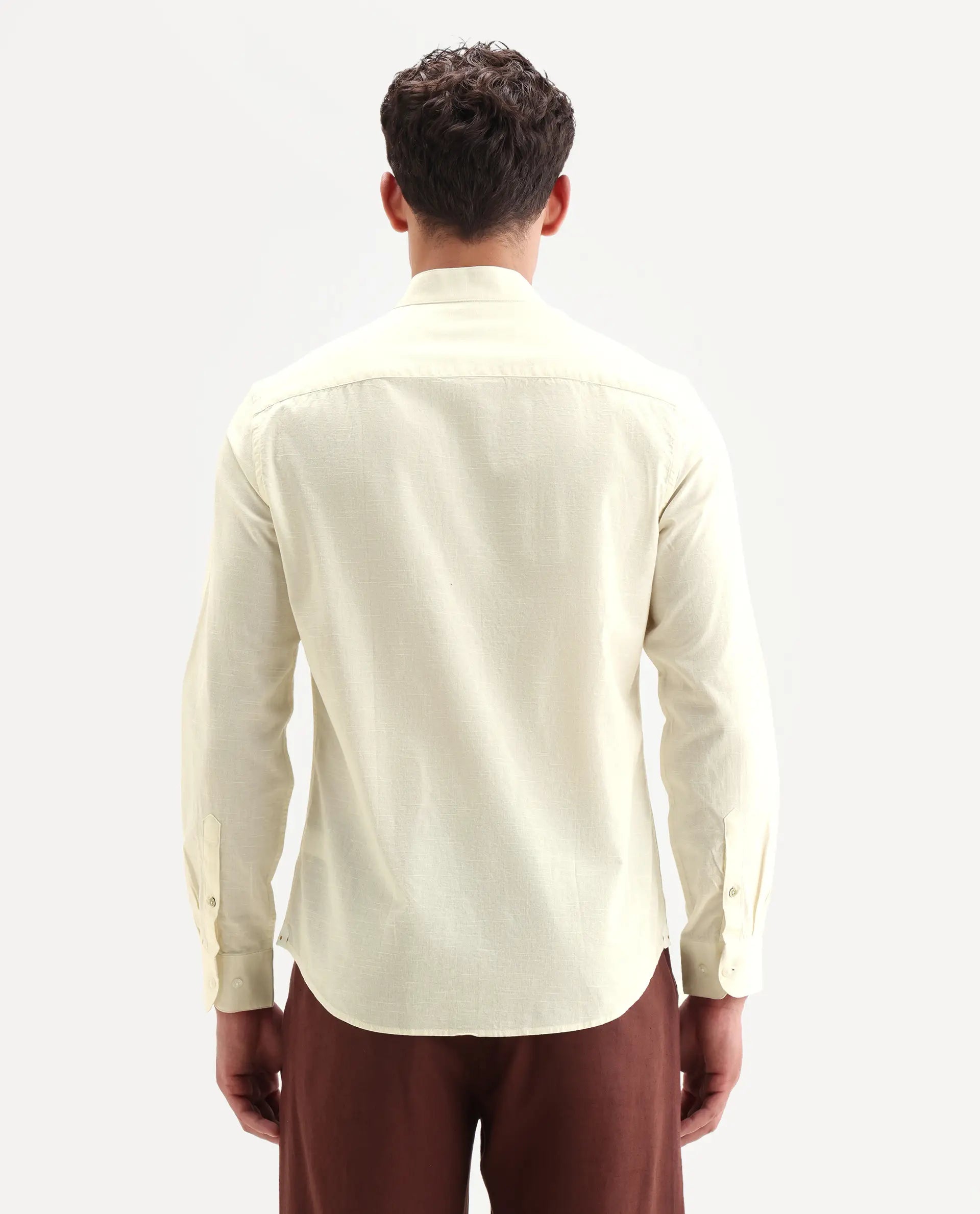 Rare Rabbit Men's Cadex White Cotton Fabric Full Sleeve Mandarin Collar Regular Fit Plain Shirt