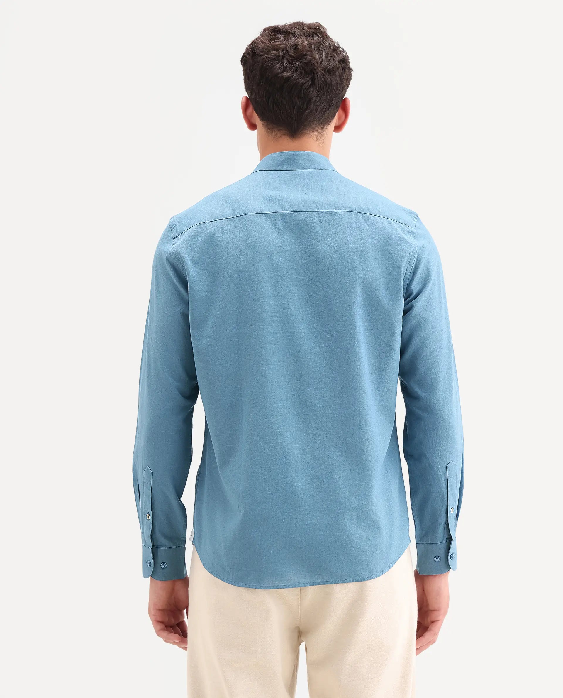 Rare Rabbit Men's Cadex Blue Cotton Fabric Full Sleeve Mandarin Collar Regular Fit Plain Shirt