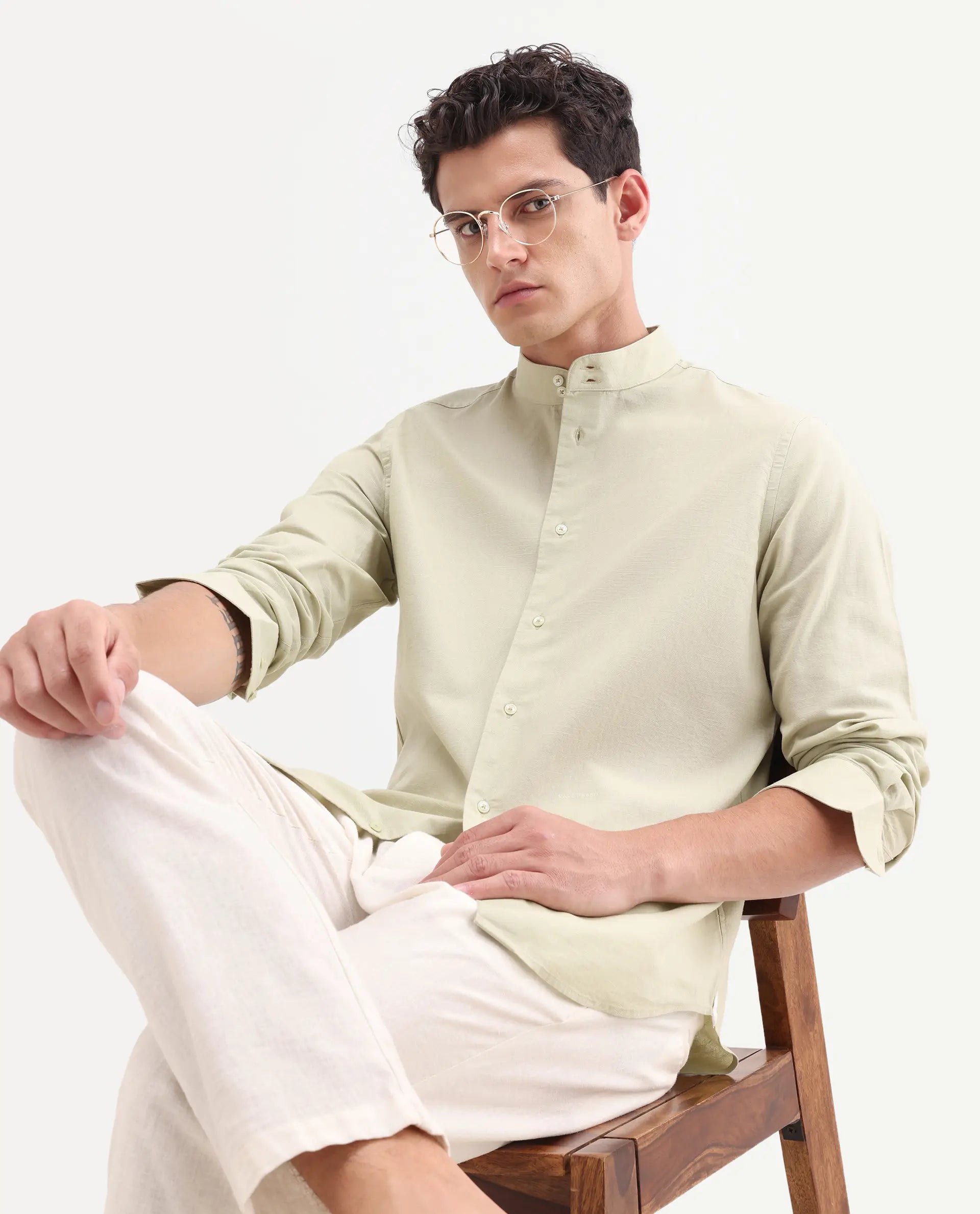 Rare Rabbit Men's Cadex Light Green Cotton Fabric Full Sleeve Mandarin Collar Regular Fit Plain Shirt