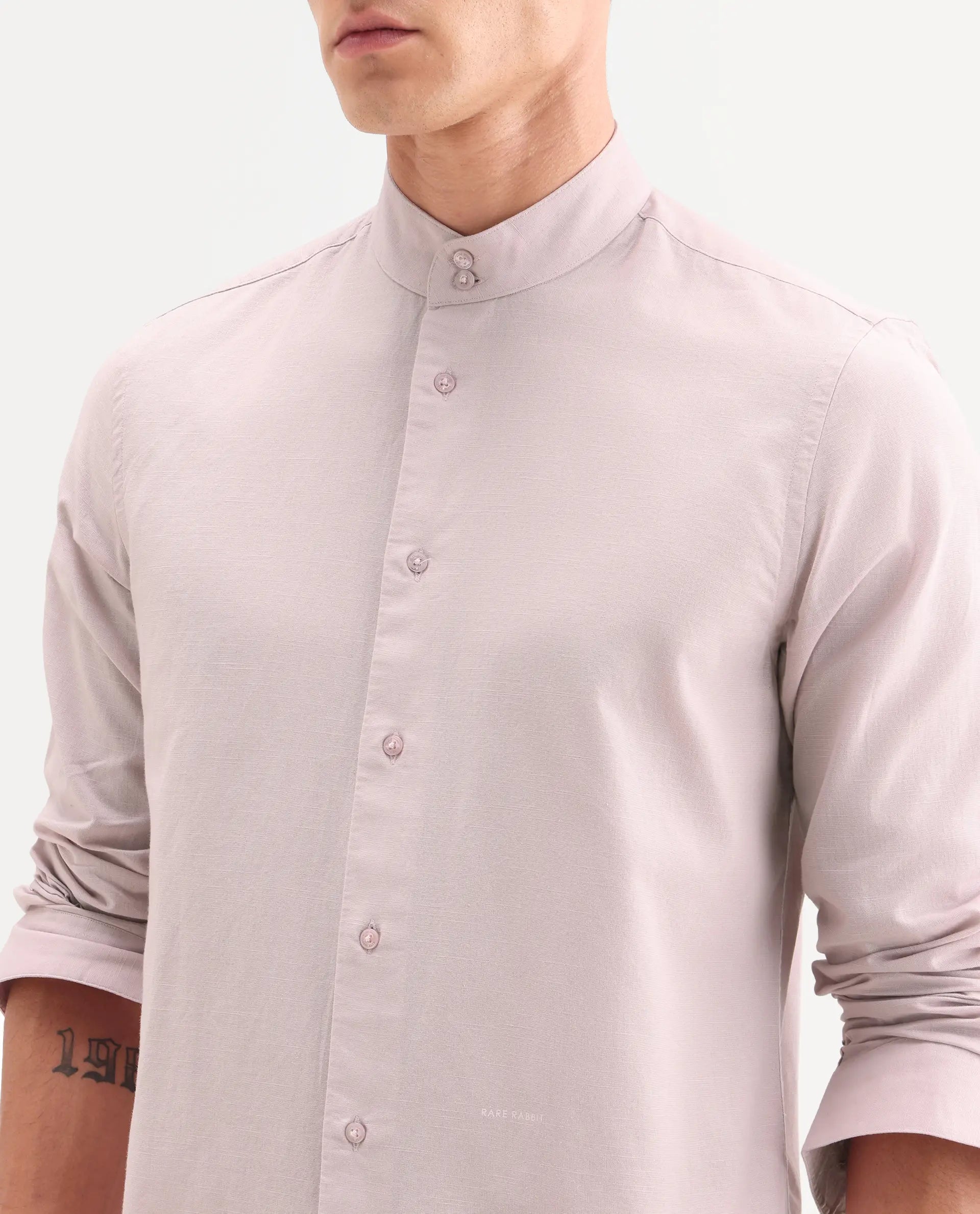 Rare Rabbit Men's Cadex Light Pink Cotton Fabric Full Sleeve Mandarin Collar Regular Fit Plain Shirt