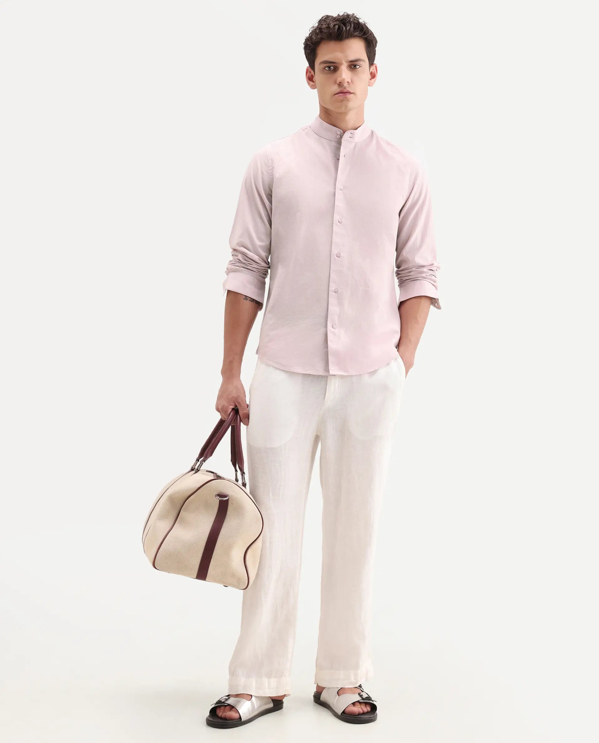 Rare Rabbit Men's Cadex Light Pink Cotton Fabric Full Sleeve Mandarin Collar Regular Fit Plain Shirt