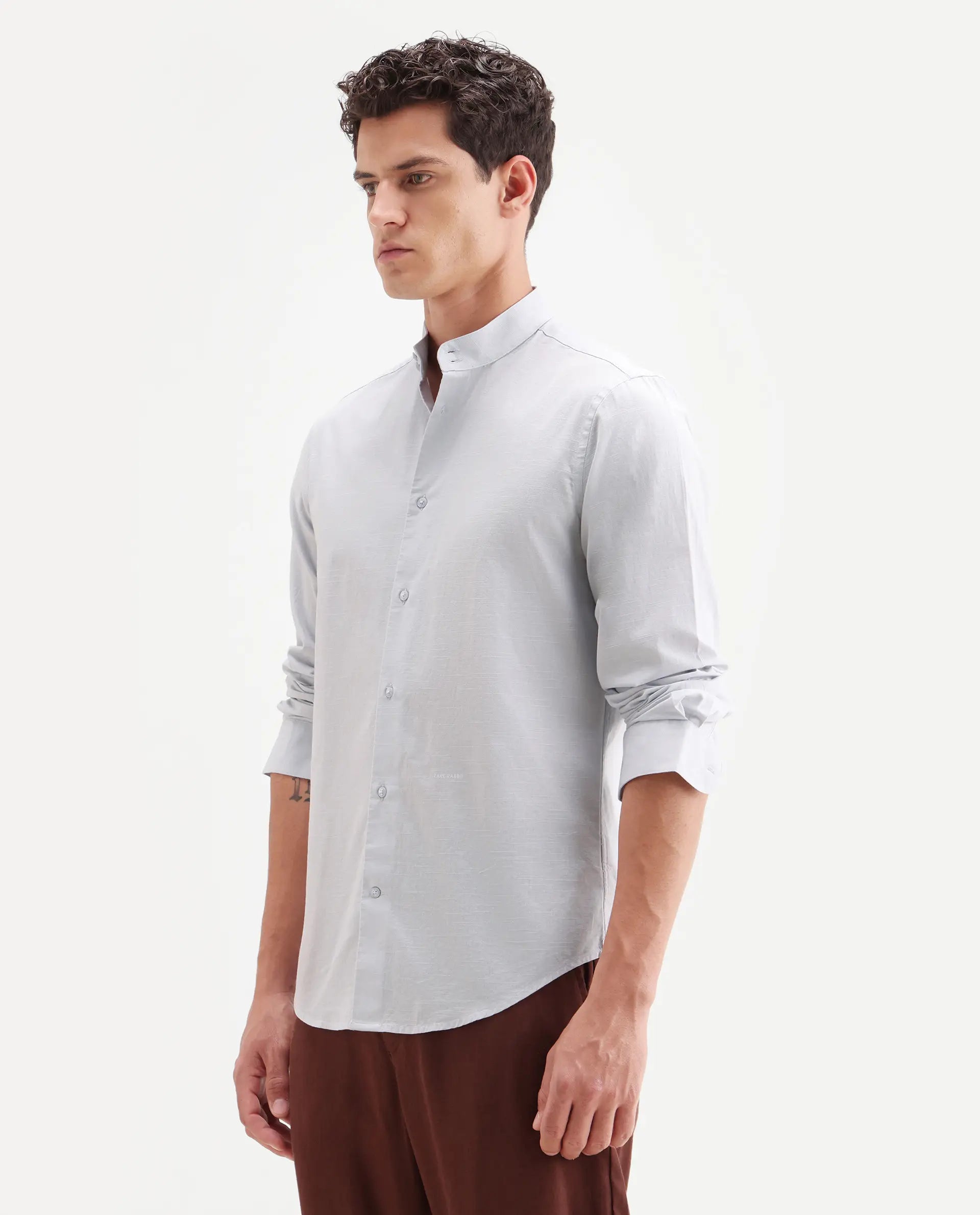 Rare Rabbit Men's Cadex Light Purple Cotton Fabric Full Sleeve Mandarin Collar Regular Fit Plain Shirt