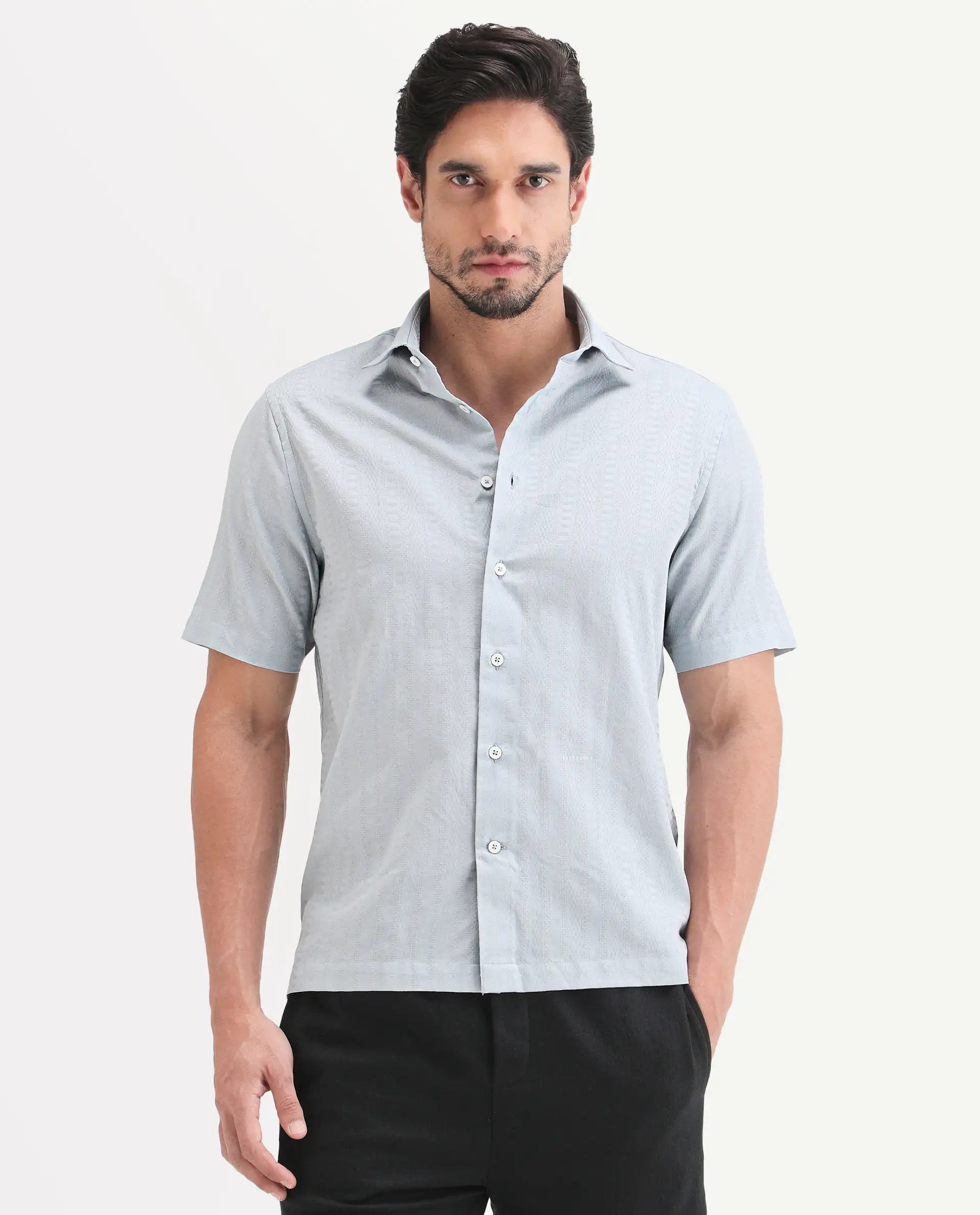 Rare Rabbit Men's Parker Light Blue Cotton Fabric Half Sleeve Regular Fit Striped Shirt