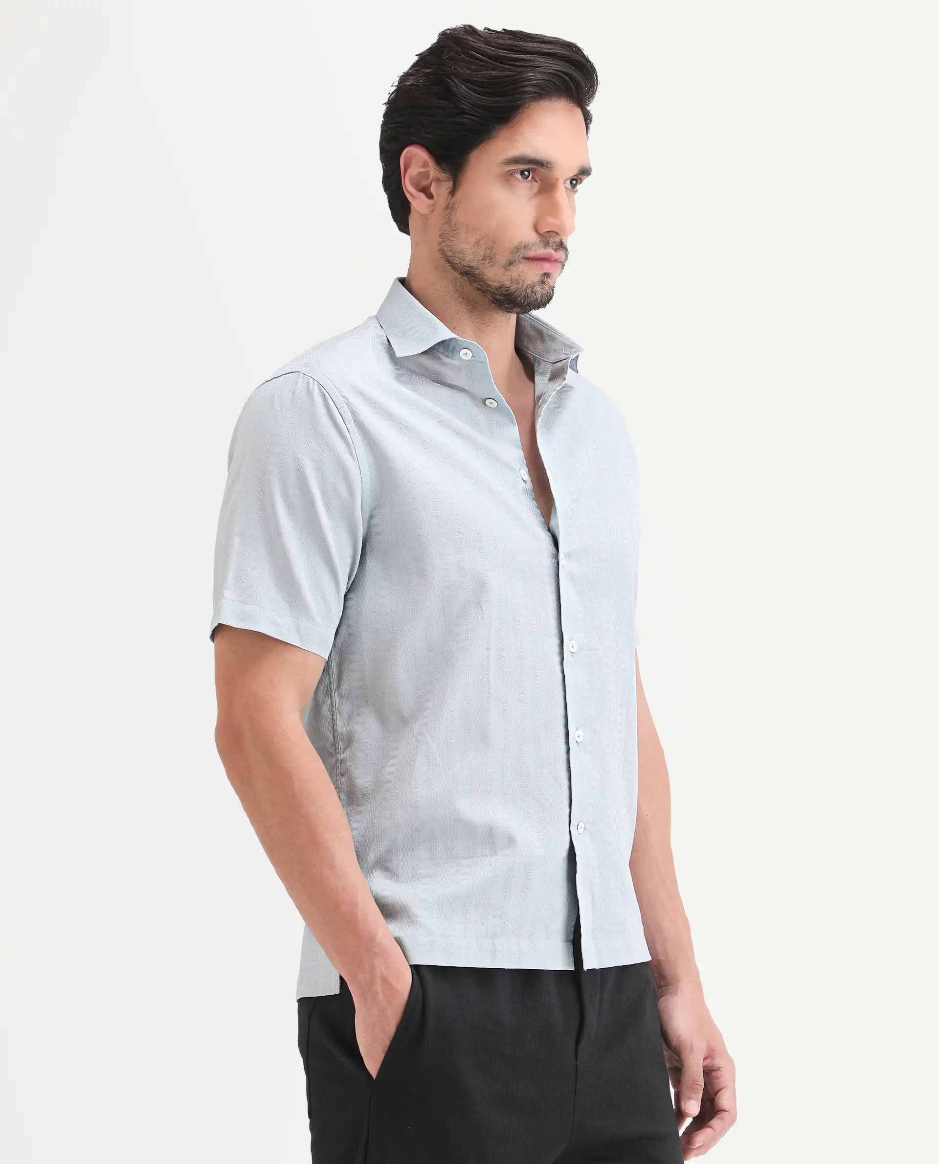 Rare Rabbit Men's Parker Light Blue Cotton Fabric Half Sleeve Regular Fit Striped Shirt