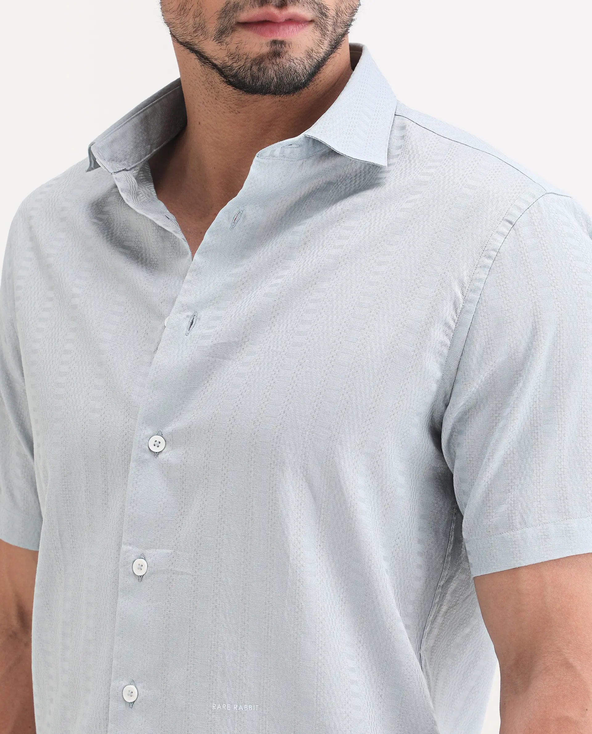 Rare Rabbit Men's Parker Light Blue Cotton Fabric Half Sleeve Regular Fit Striped Shirt