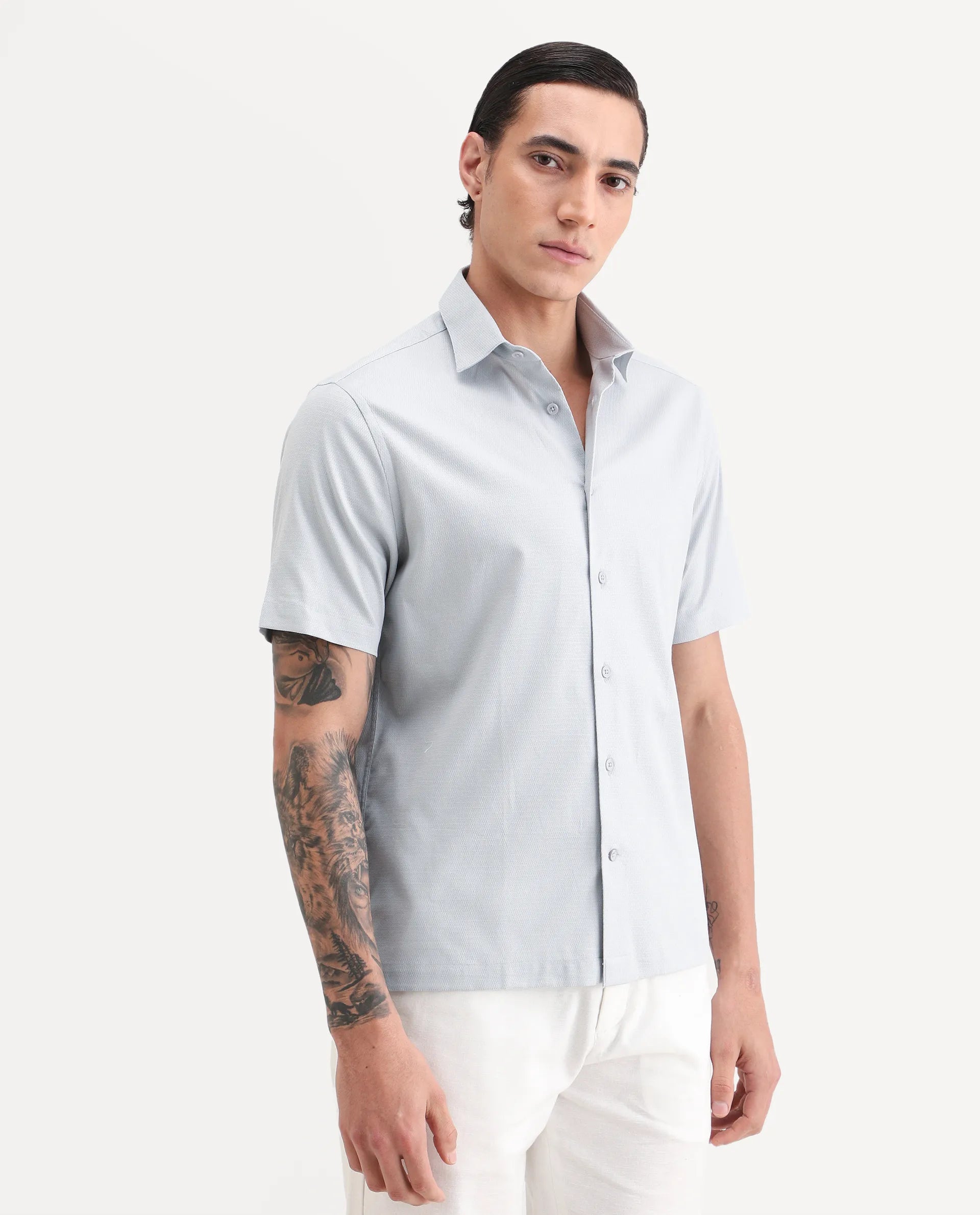Rare Rabbit Men's Garah Light Grey Cotton Blend Fabric Half Sleeve Regular Fit Shirt
