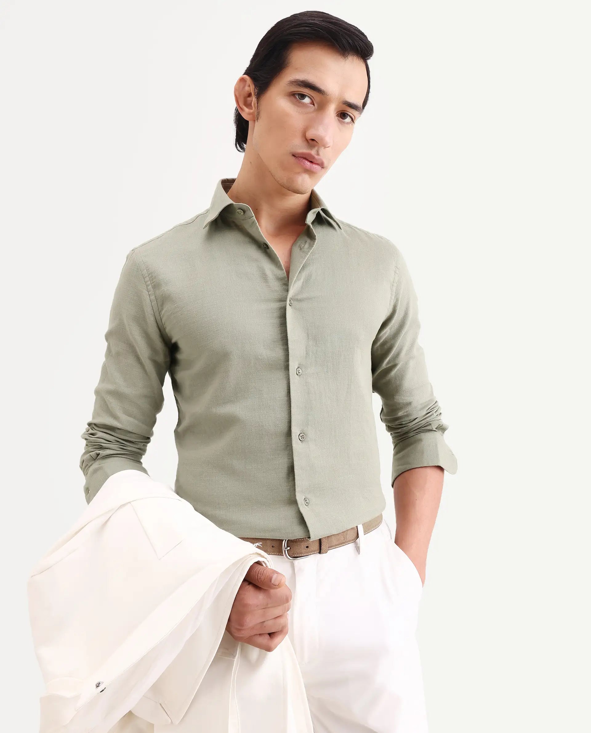 Rare Rabbit Men's Raxo Dusky Green Cotton Fabric Full Sleeve Regular Fit Shirt