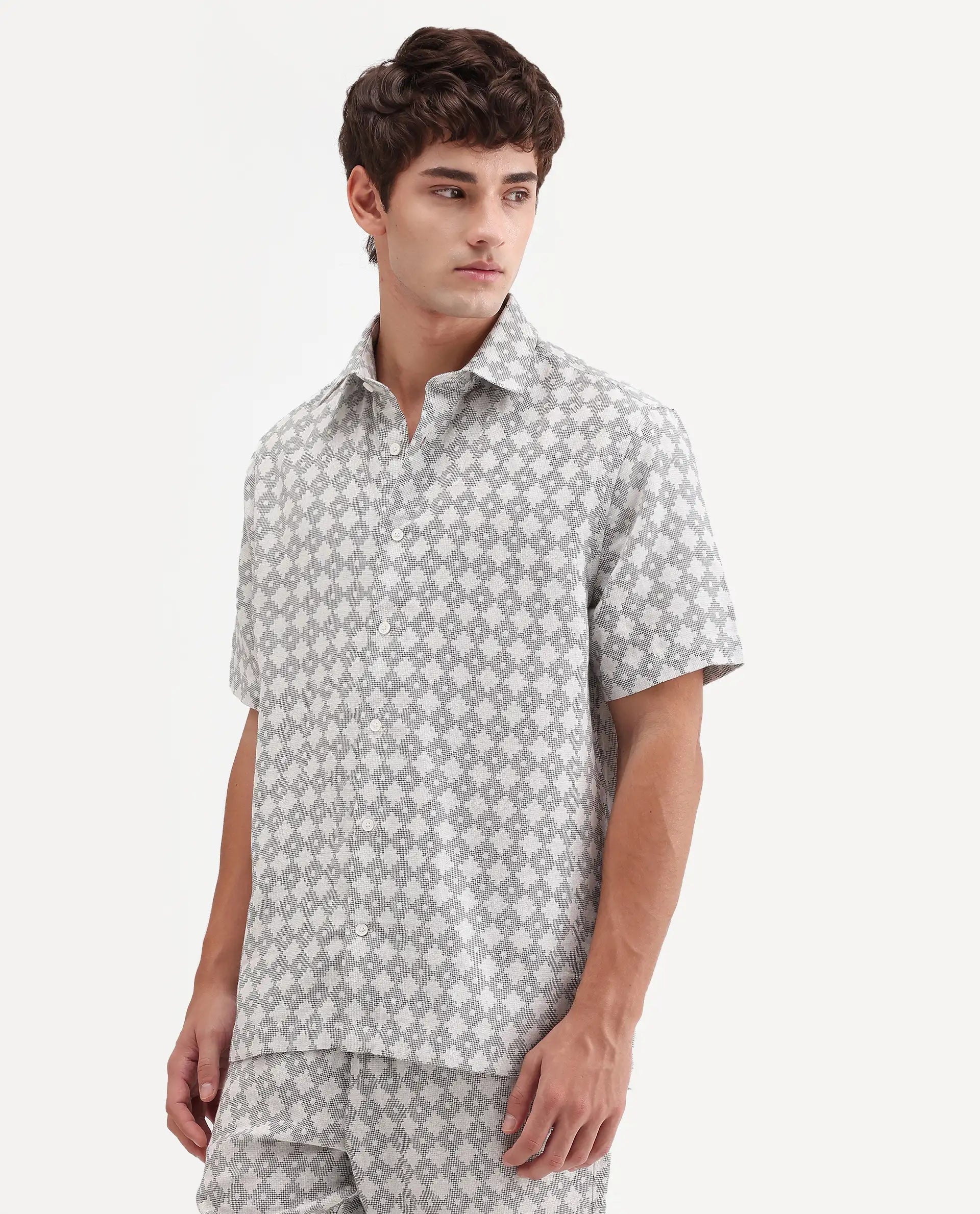 Rare Rabbit Men's Rance Off White Cotton Fabric Half Sleeve Regular Fit Geometric Print Shirt
