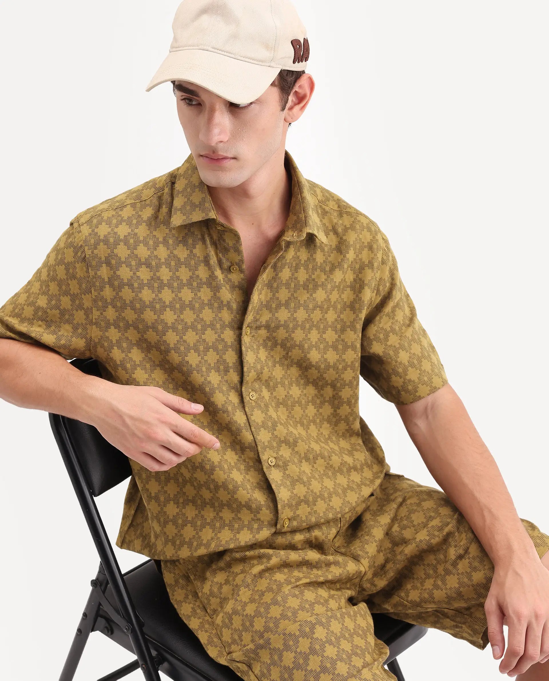 Rare Rabbit Men's Rance Mustard Cotton Fabric Half Sleeve Regular Fit Geometric Print Shirt