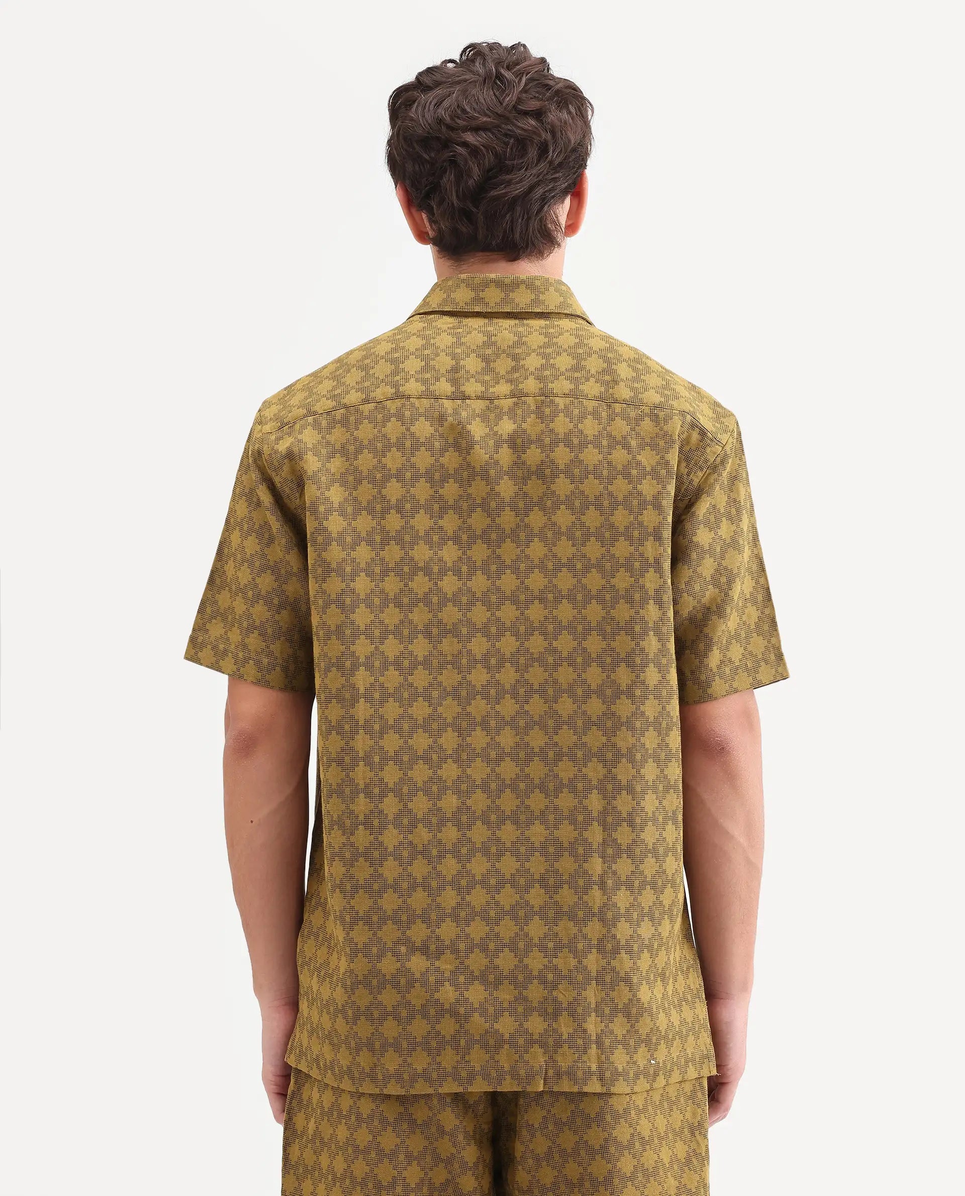 Rare Rabbit Men's Rance Mustard Cotton Fabric Half Sleeve Regular Fit Geometric Print Shirt