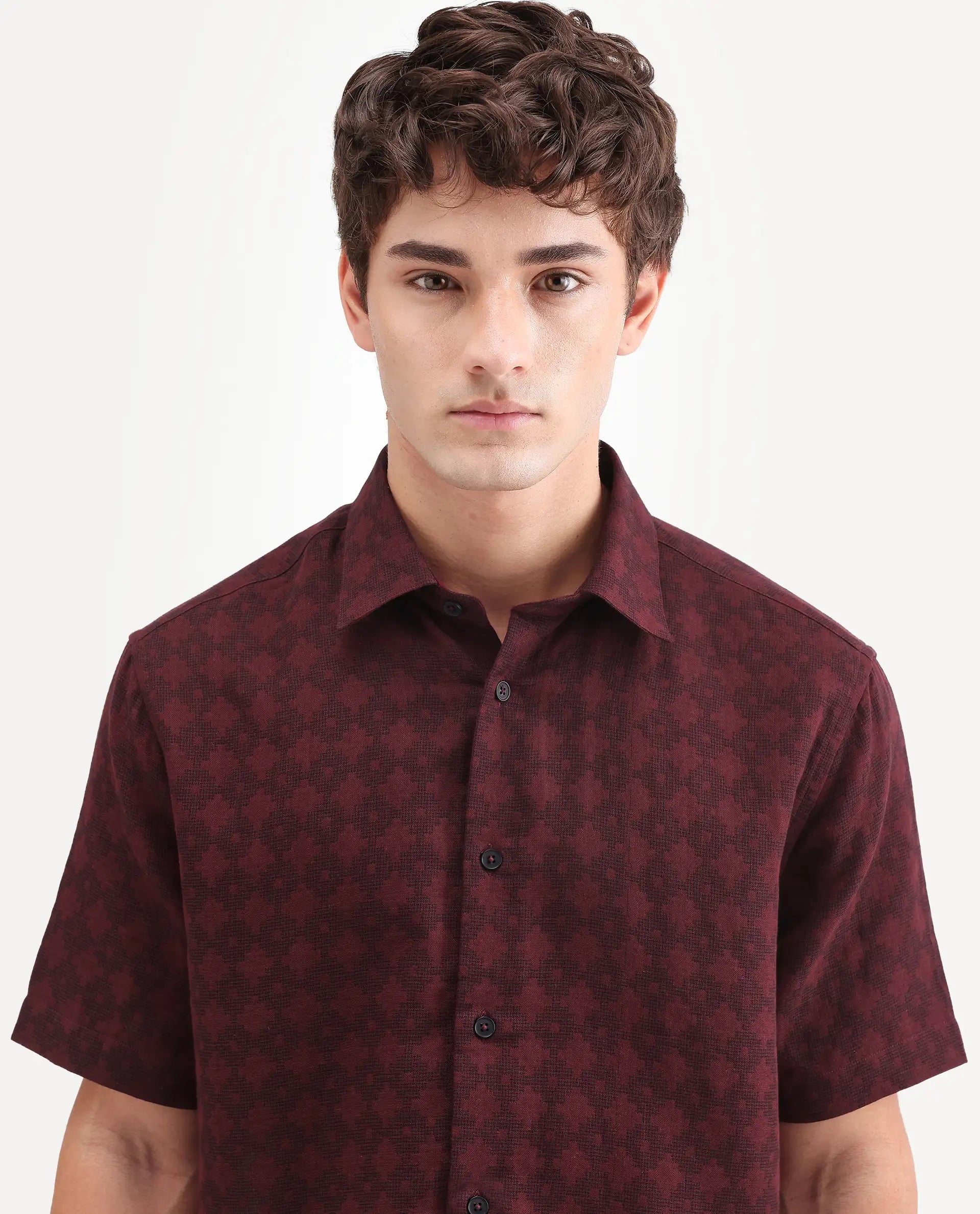 Rare Rabbit Men's Rance Dark Red Cotton Fabric Half Sleeve Regular Fit Geometric Print Shirt