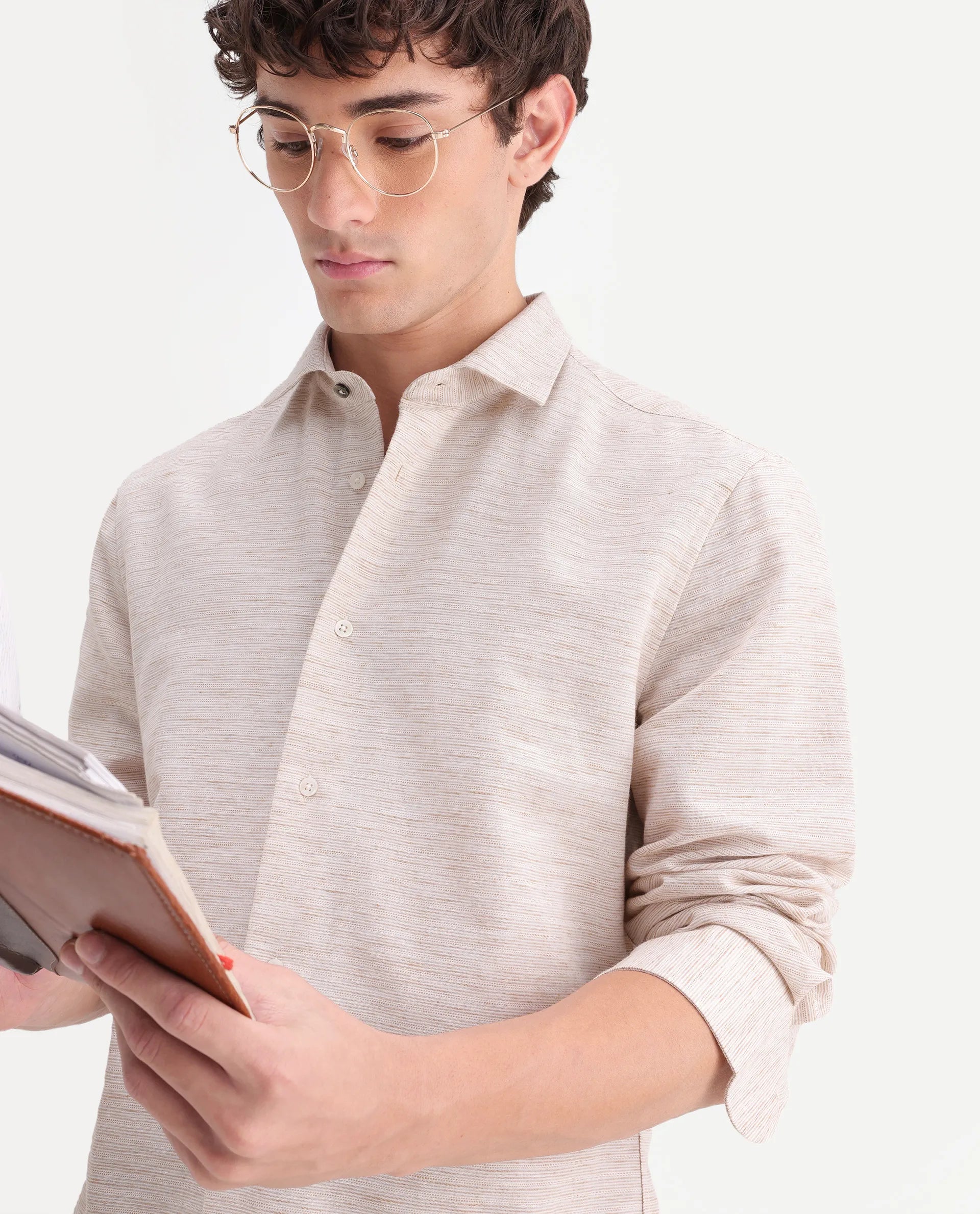 Rare Rabbit Men's Frit Beige Linen Blend Fabric Full Sleeve Regular Fit Textured Shirt