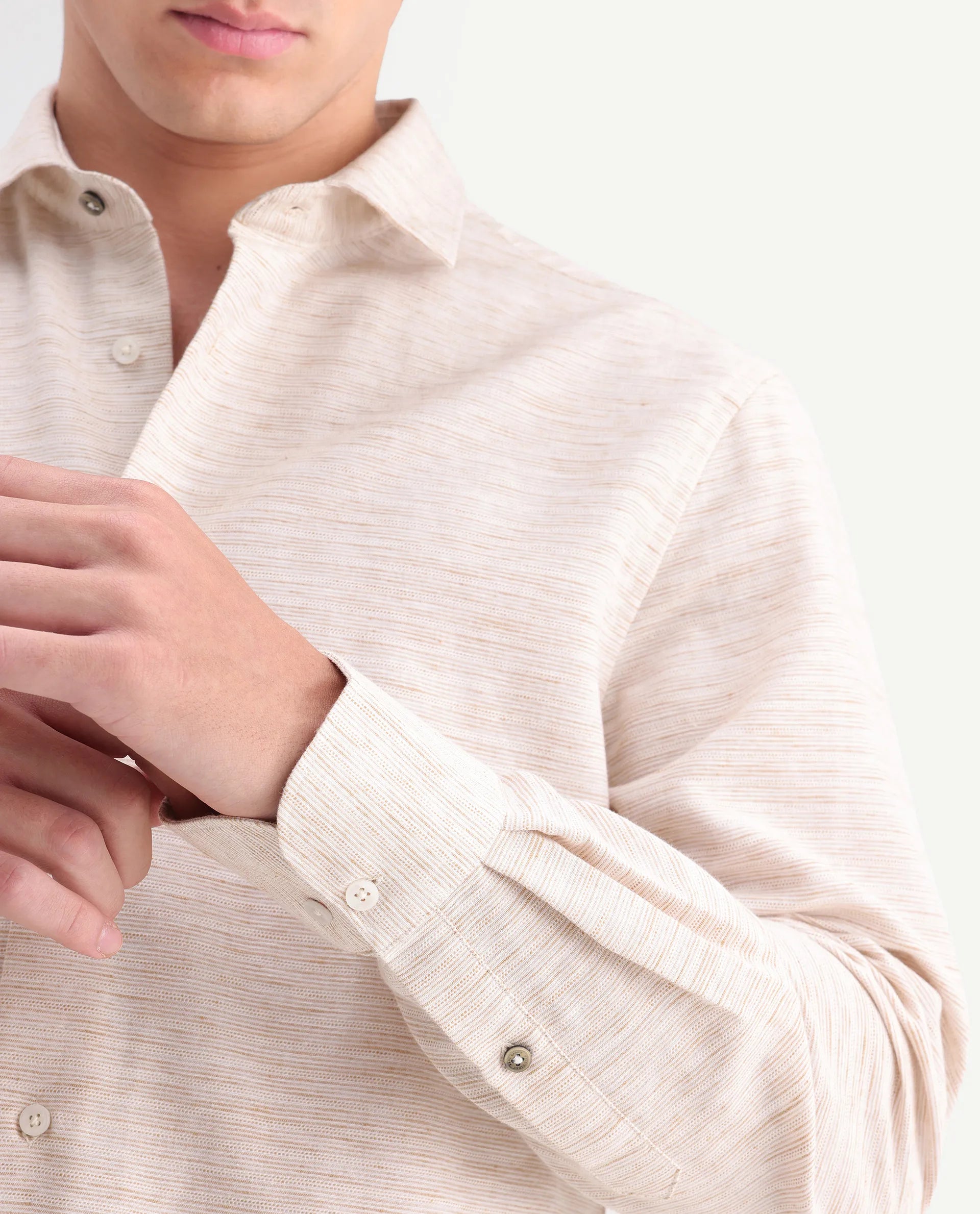 Rare Rabbit Men's Frit Beige Linen Blend Fabric Full Sleeve Regular Fit Textured Shirt