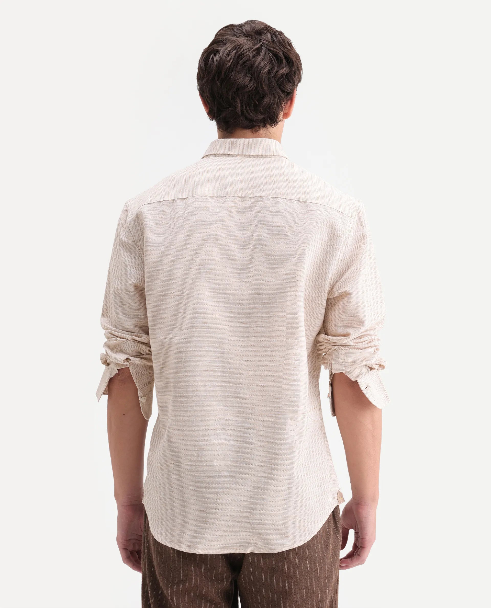 Rare Rabbit Men's Frit Beige Linen Blend Fabric Full Sleeve Regular Fit Textured Shirt