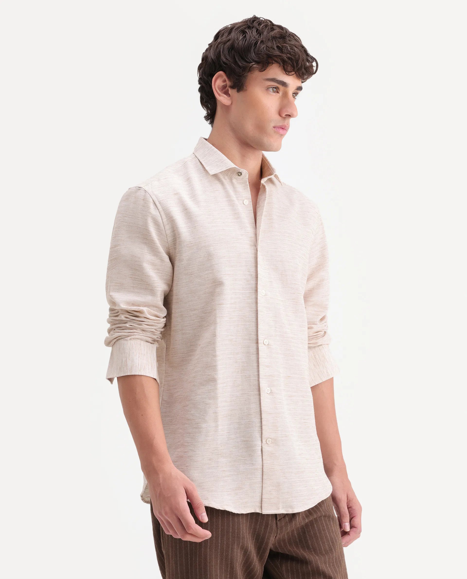Rare Rabbit Men's Frit Beige Linen Blend Fabric Full Sleeve Regular Fit Textured Shirt